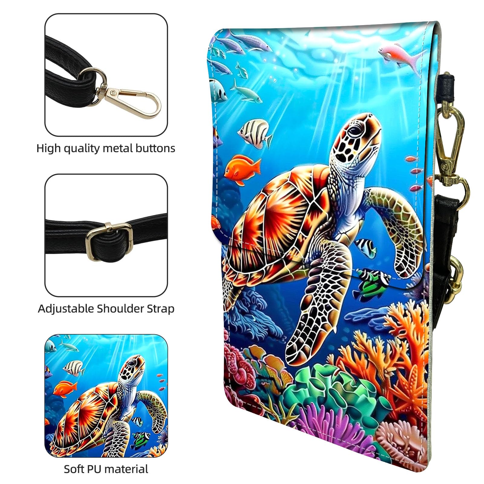 Bandolier Crossbody-Handyhülle, Meeresschildkröte, schwimmend, RFID-blockierend, Crossbody-Tasche mit Kartenfächern und Handyhalter, wasserdicht, Anti-Diebstahl-Touchscreen-Handygeldbörse für