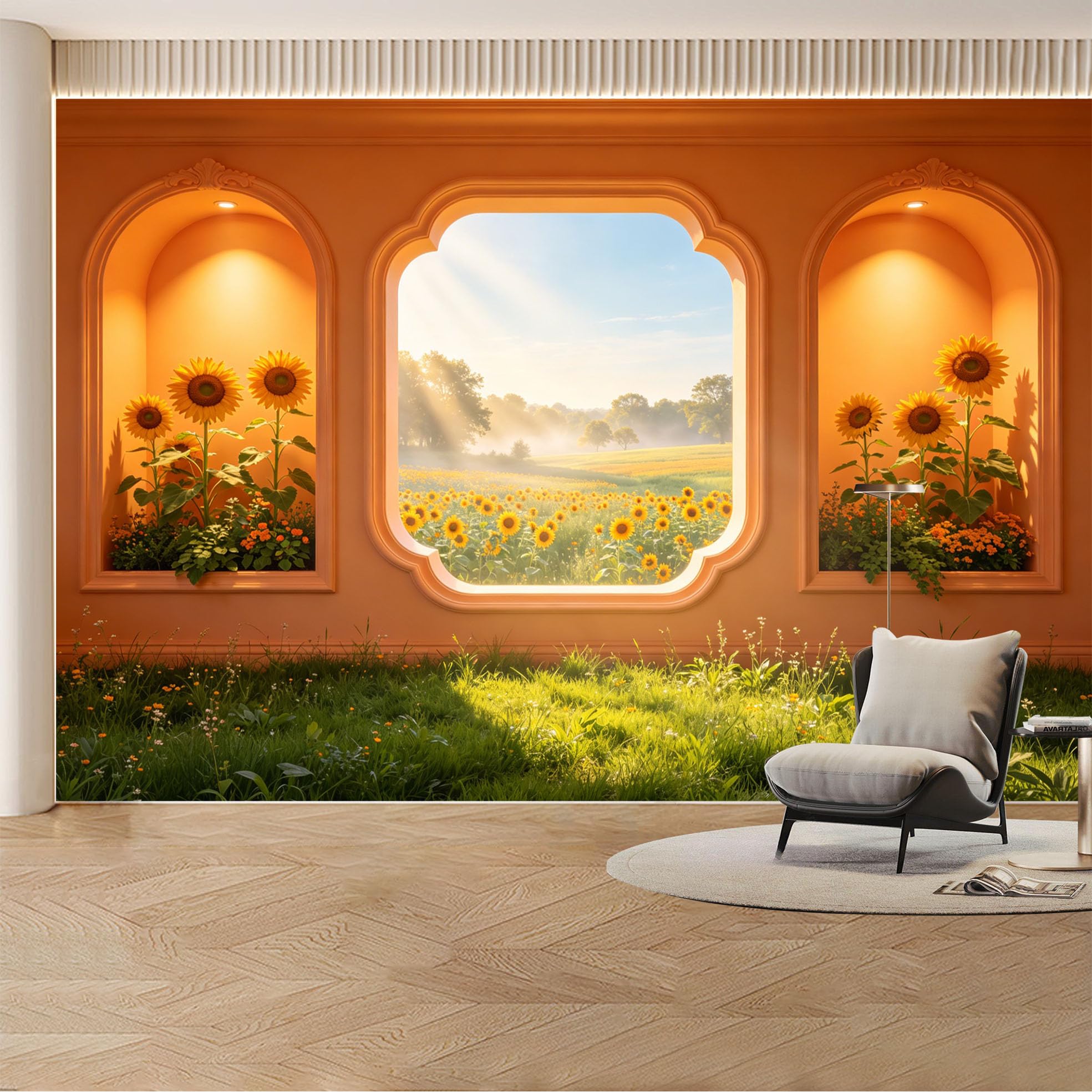 Custom Wall Mural Wallpaper Sunflower Meadow Landscape Nature Large Wall Art Mural Design Rustic Sunset Removable SelfAdhesive Large Photo for Living Room， Bedroom， Office
