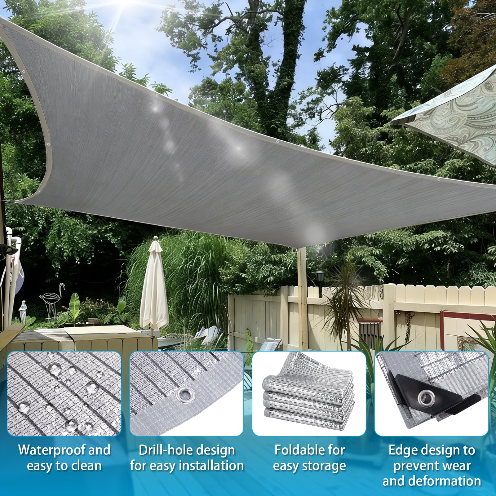 Siatka zacieniająca 3 x 4 m, ogrodowa siatka zacieniająca z oczkami, łatwe zawieszanie, aluminiowa tkanina zacieniająca do szklarni, na balkon, taras, trawnik, w zestawie elastyczny sznurek, linka