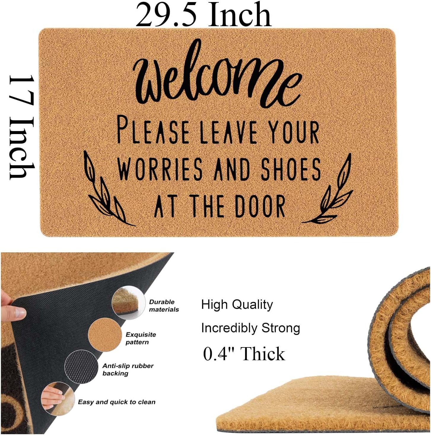 Welcome Door Mat Welcome Please Leave Your Worries and Shoes at The Door Outdoor Indoor Entrance, Non Slip Durable Entrance Rugs for Entry, Patio, High Traffic Areas Front Door, 17" x 29.5"