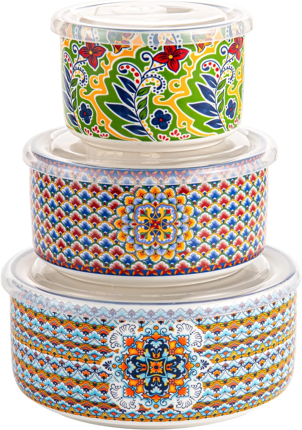 HENXFEN LEAD Ceramic Food Storage Bowls with Lids, Nesting Set of 3 (10, 20 & 32 oz), Prep & Serving Bowls, Microwave, Dishwasher & Freezer Safe