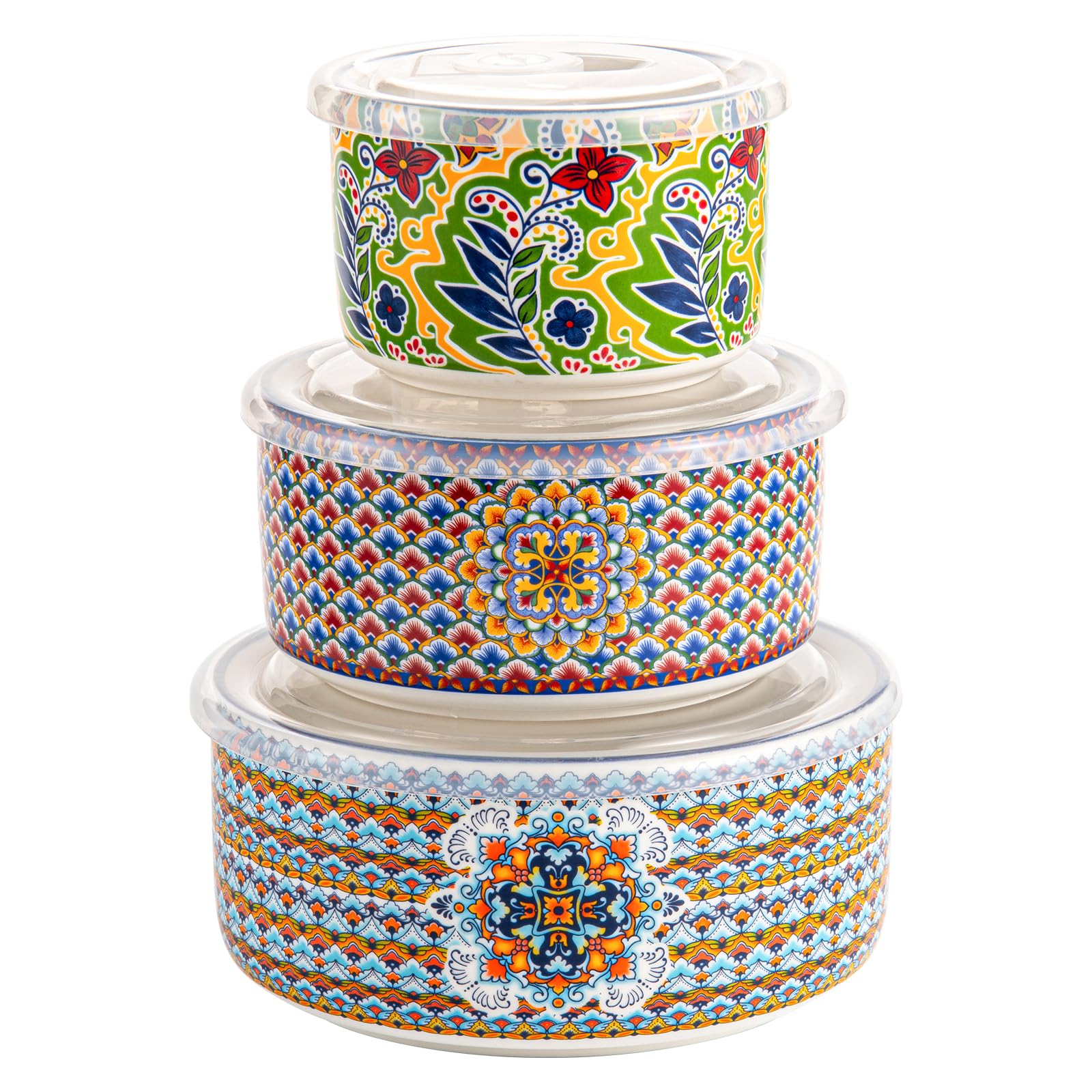 HENXFEN LEAD Servierschalen mit Deckel 3 teilig, Salatschüssel 330/600/950ml, Suppenschalen für Reste, Suppe, Müsli, Mittagessen, Bunte Müslischale - Bohemian Style