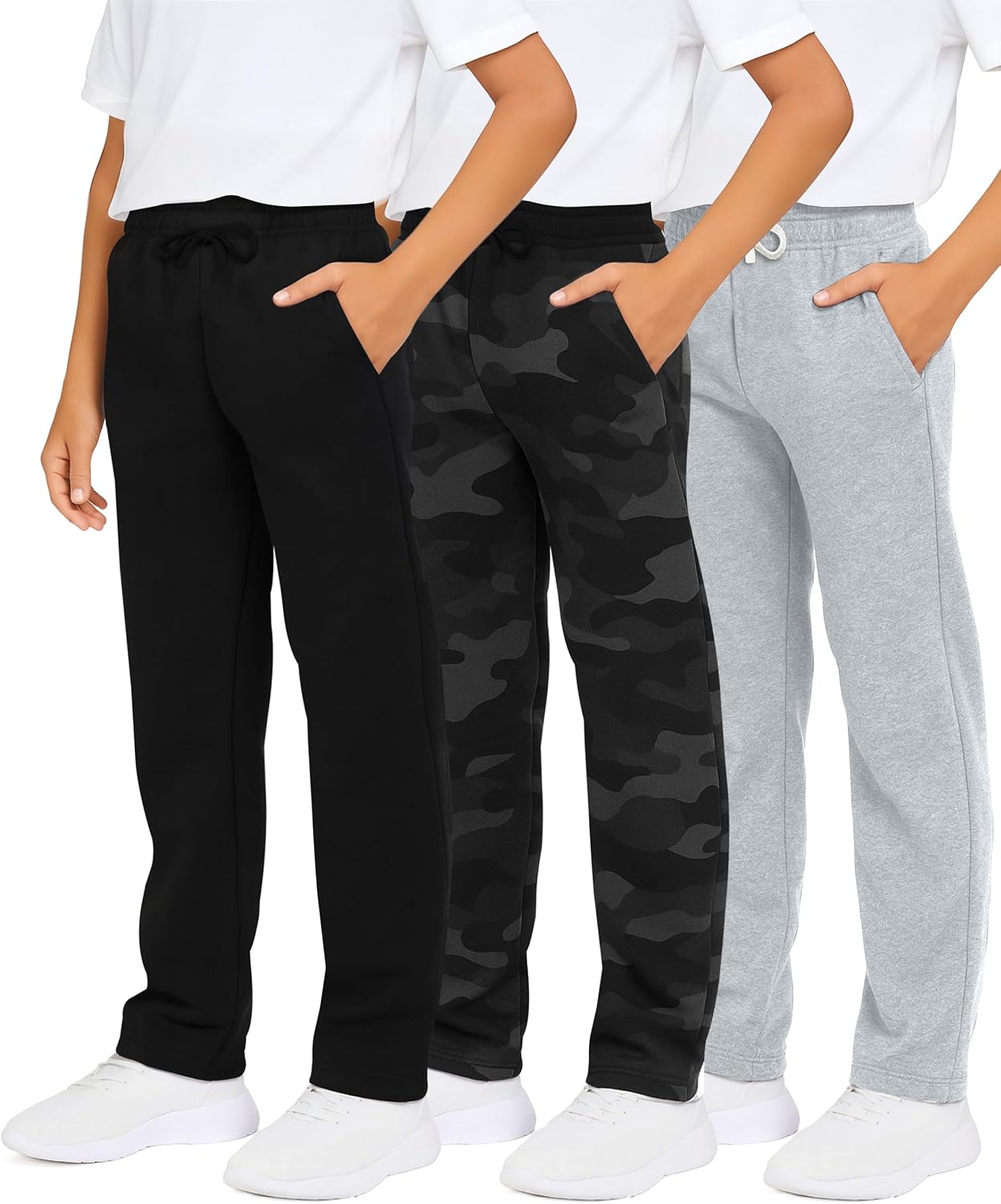 Real Essentials 3 Pack: Boys' Tech Fleece Open Bottom Sweatpants with Pockets (Size 6-24)