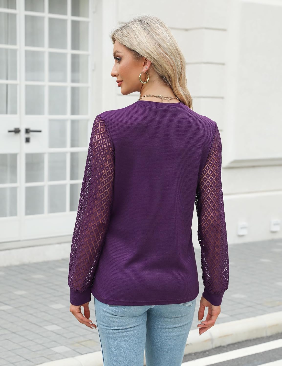 Blooming Jelly Women's Waffle Knit Tops Dressy Business Casual Blouses Lace Long Sleeve Work Shirts Fall Clothes - Image 5