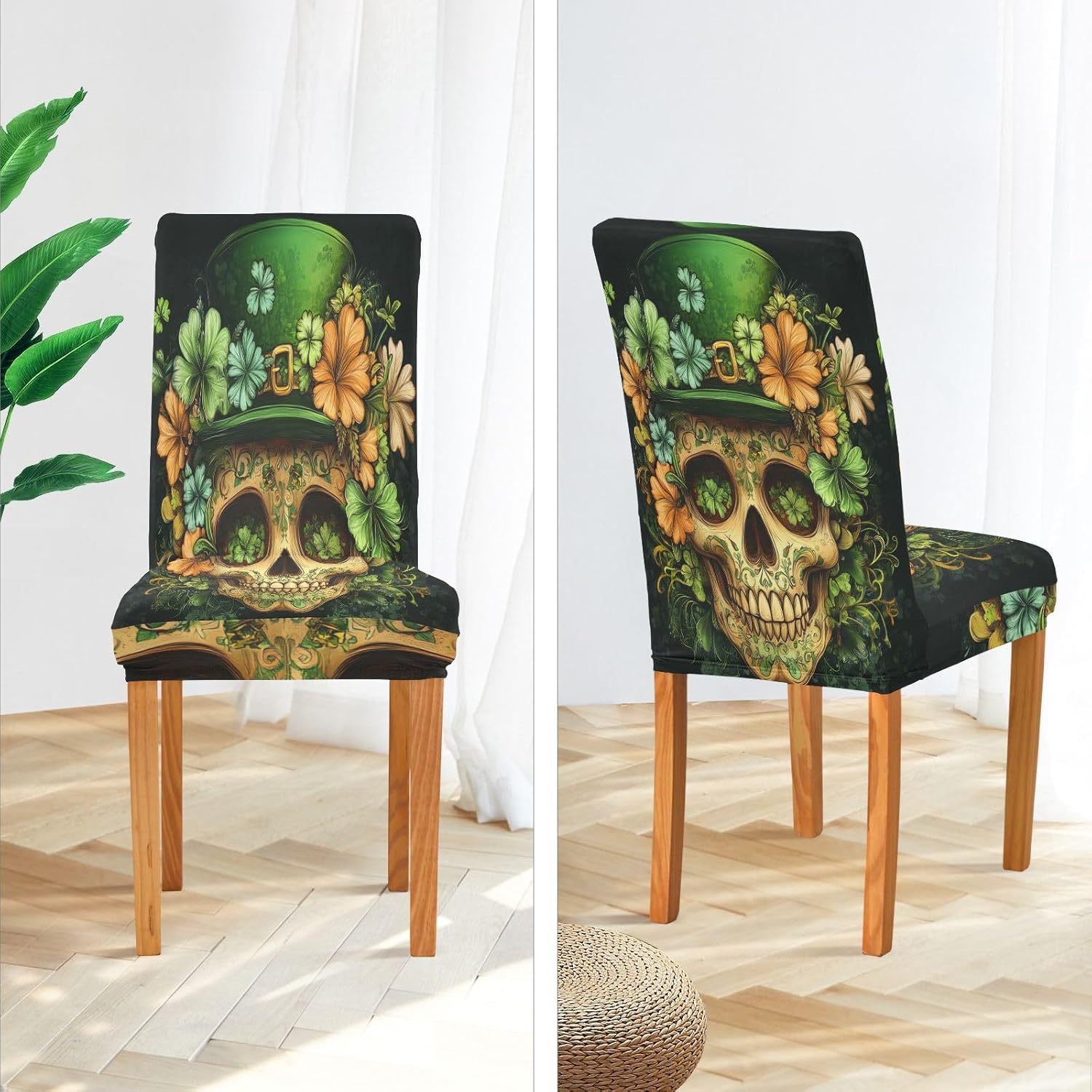 ALAZA Chair Covers for Dining Room, St. Patricks Day Clover Leaves Skull Stretch Chair Cover Sets Chair Protector Removable Washable for Ktichen Restaurant Hotel