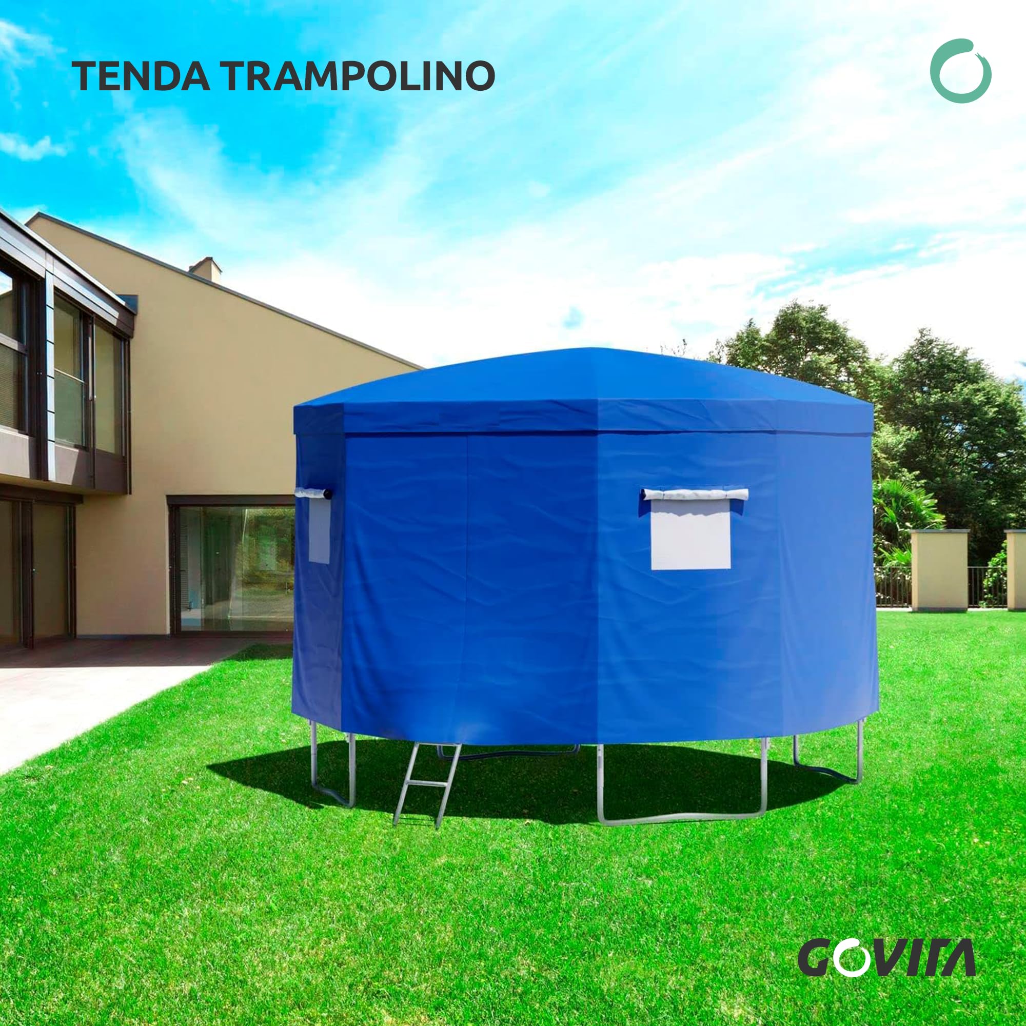 GOVITA Tenda per Trampolino 250 cm con Rete, Copertura Parasole e Antipioggia, Tetto Impermeabile UV per Trampolino da Giardino, Gazebo Trampolino per Bambini, Protezione Sole, Vento e Pioggia | Traspirante ed Impermeabile