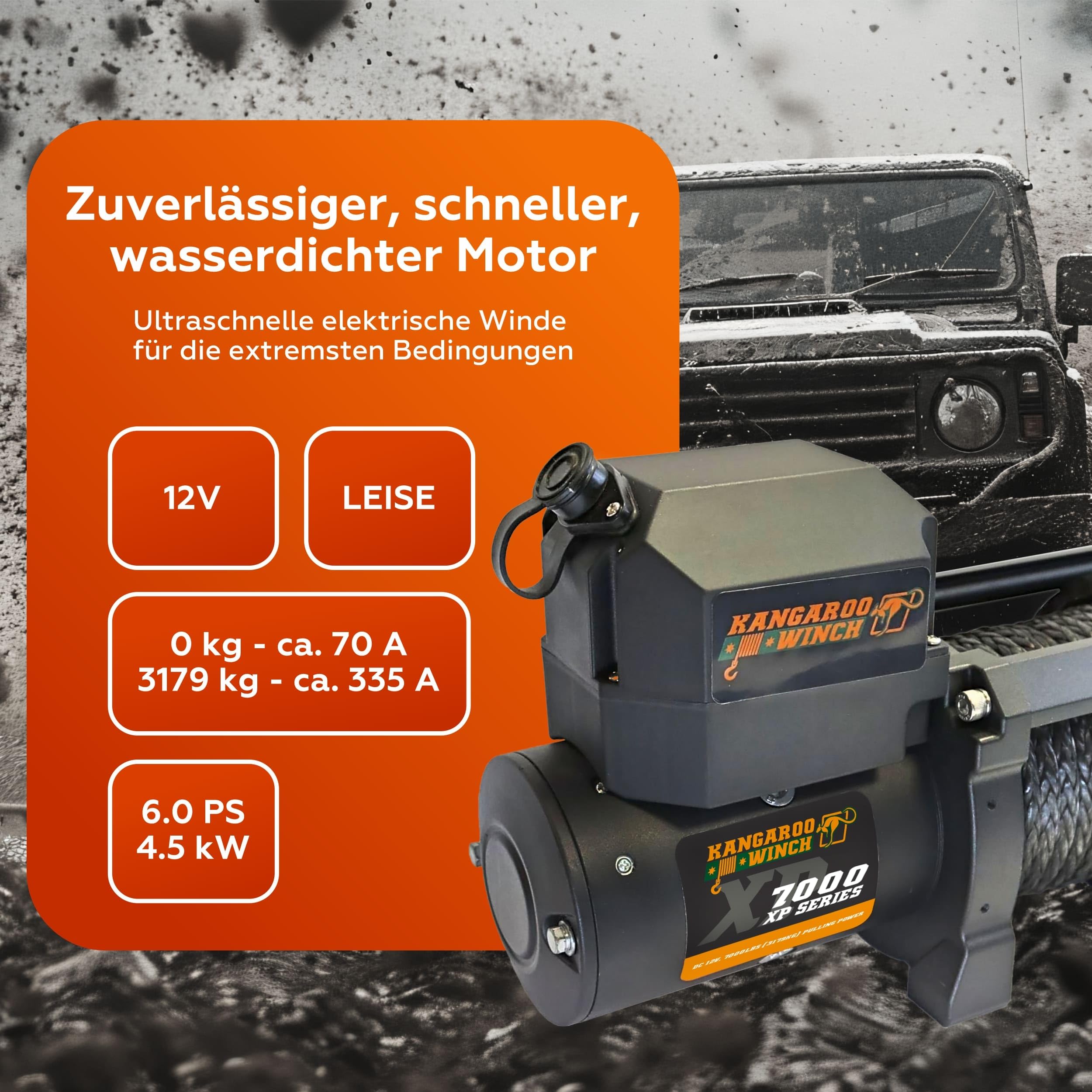 Schnelle Elektrische Seilwinde 12V, 7000 lbs Zugkraft | mit Funkfernsteuerung - Langlebiges Kunststoffseil - Perfekt für Offroad - 4x4 Forst- und Nutzfahrzeuge (K7000XP)