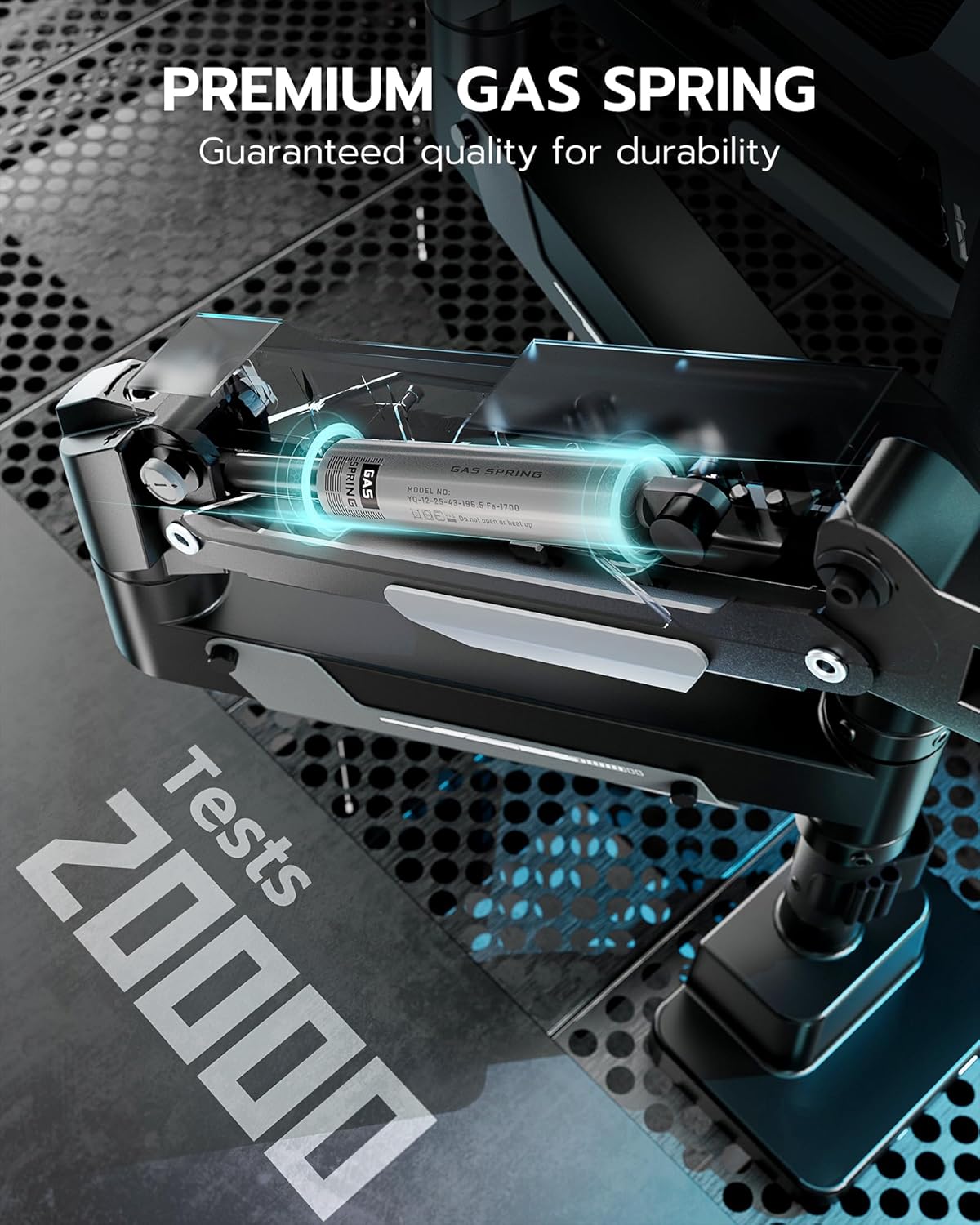 Close-up of the gas spring with '20000 Tests' and '3-Year Service' labels