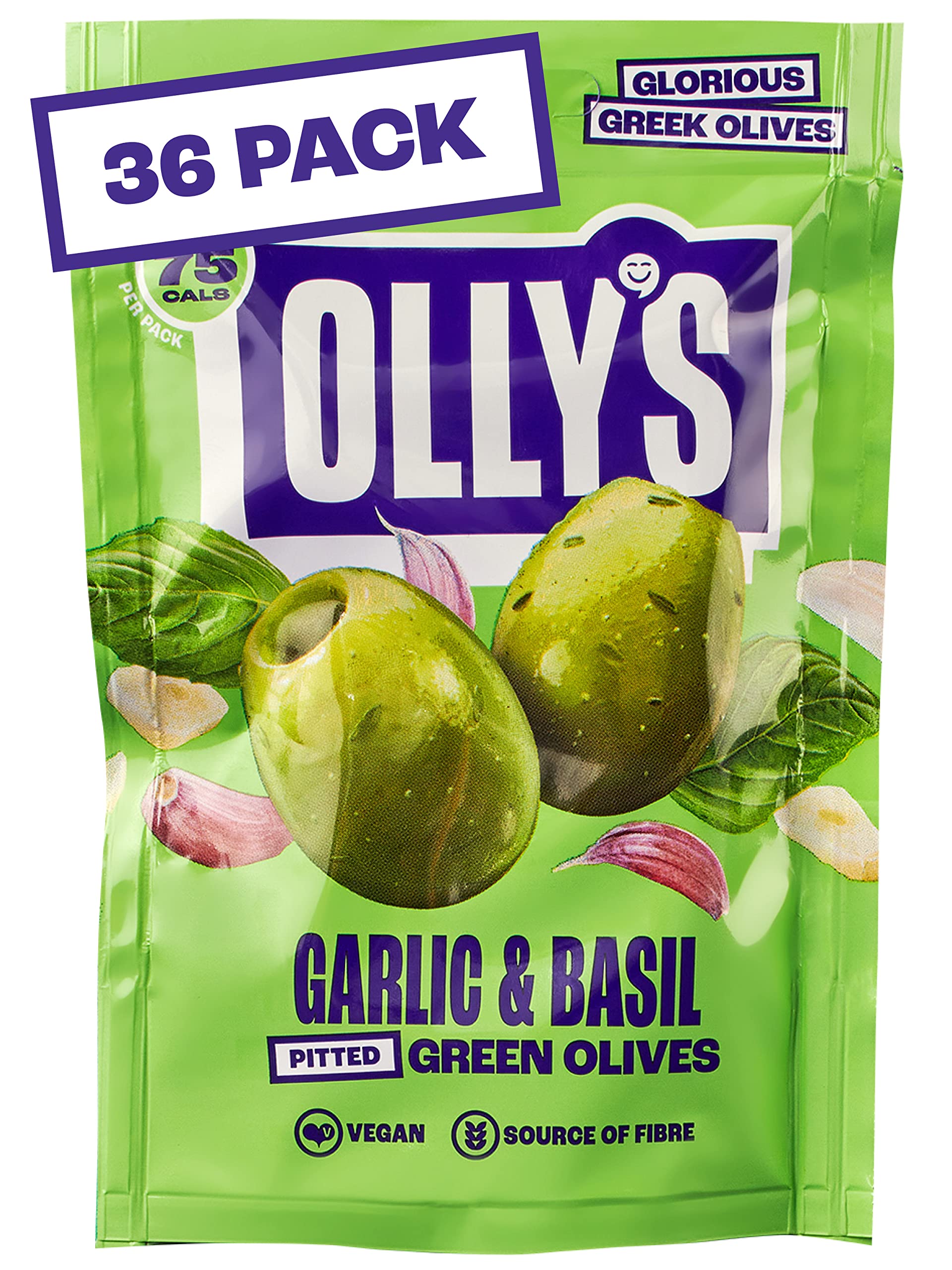 Olly's OlivesGarlic & Basil, 50g (Pack of 36), 100% Natural Ingredients, Handy Snack Pouches, Healthy Vegan Snacks, Low Calorie, Source of Fibre, No Preservatives, Gluten Free