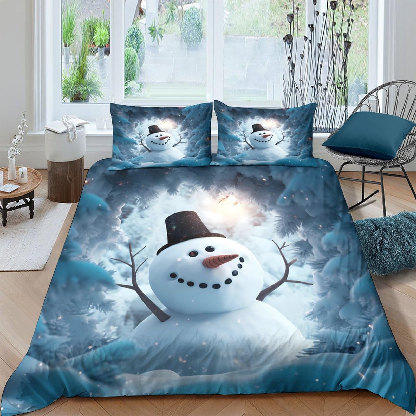 GPLZQXKJNH 3D Printed Snowman Winter Scene Duvet Cover Set Microfiber Soft Breathable Frosty Night Bedding with 2 Pillowcases for Bedroom Decor Single（135x200cm）