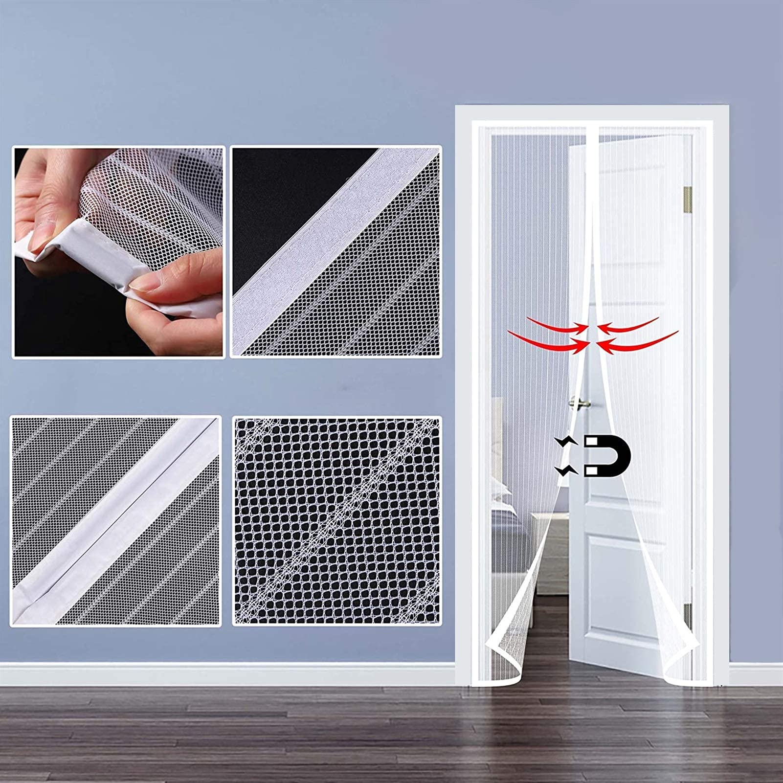 Magnetisch deurscherm 95x240cm Mesh gordijn - houdt muggen tegen Mesh hordeur Eenvoudig te installeren zonder boren voor balkon glijdende woonkamer kinderkamer, Grijs
