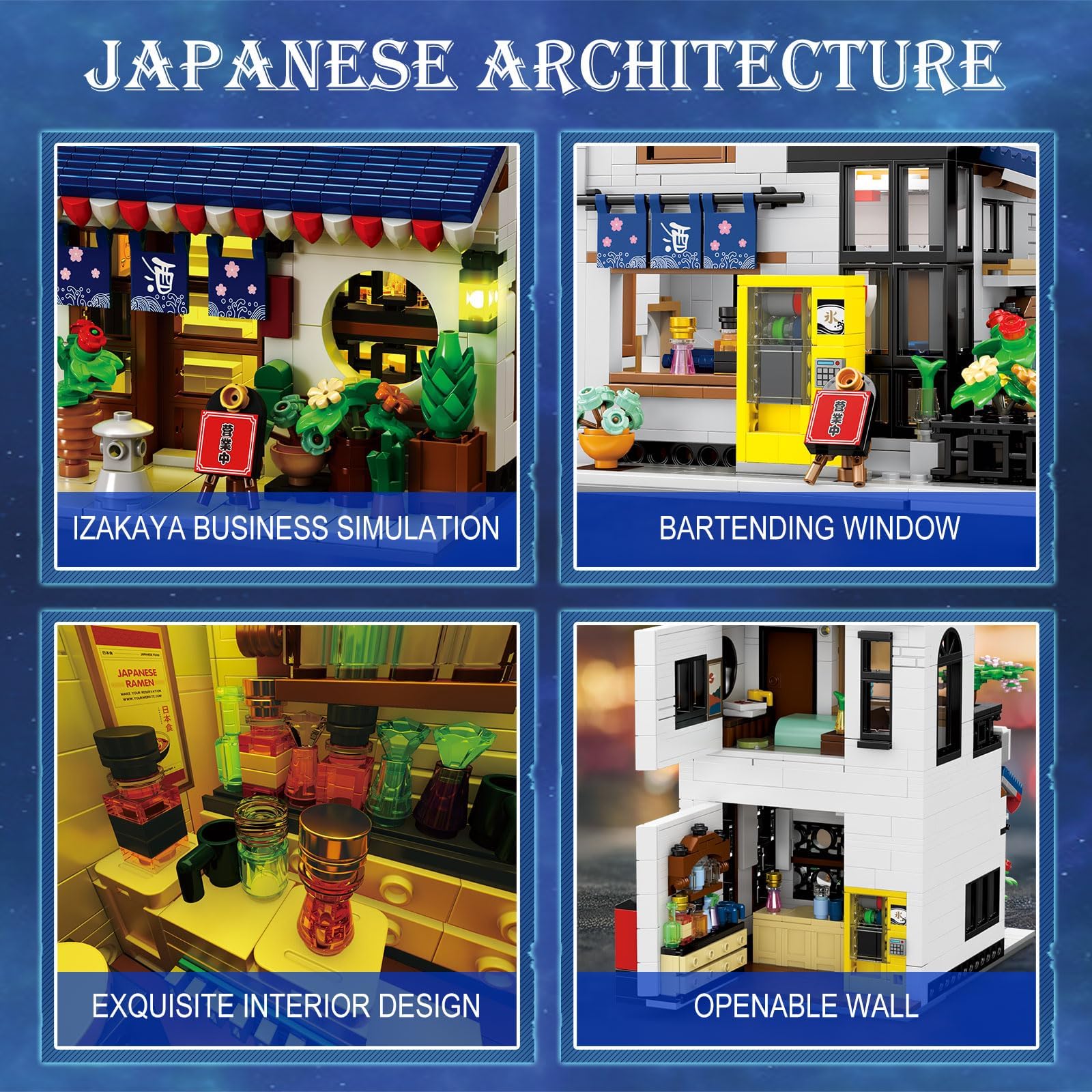 Reobrix 66502 Japanische Izakaya-Bausteine, 2-in-1-Straßenszenenmodell mit Lichtern, Exquisite architektonische Dekoration, ideales kreatives Geschenk für Erwachsene und Kinder über 14 Jahre