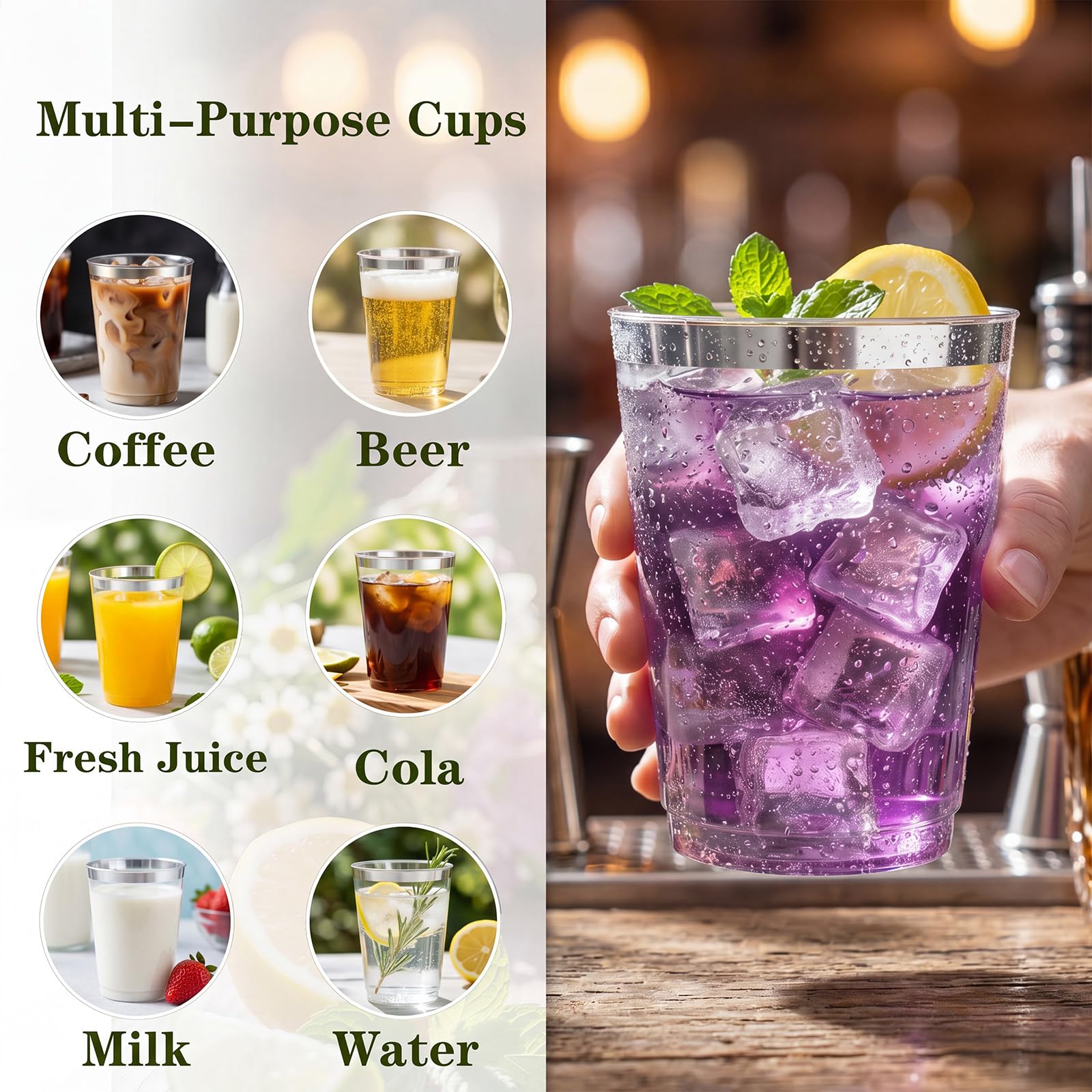 DaYammi 200 Pack Silver Plastic Cups 10 Oz Clear Plastic Cups Silver Rimmed Disposable Wine Glasses Heavy Duty Disposable Tumblers Drinking Cocktail Glasses for Party Wedding — Amazon image 6
