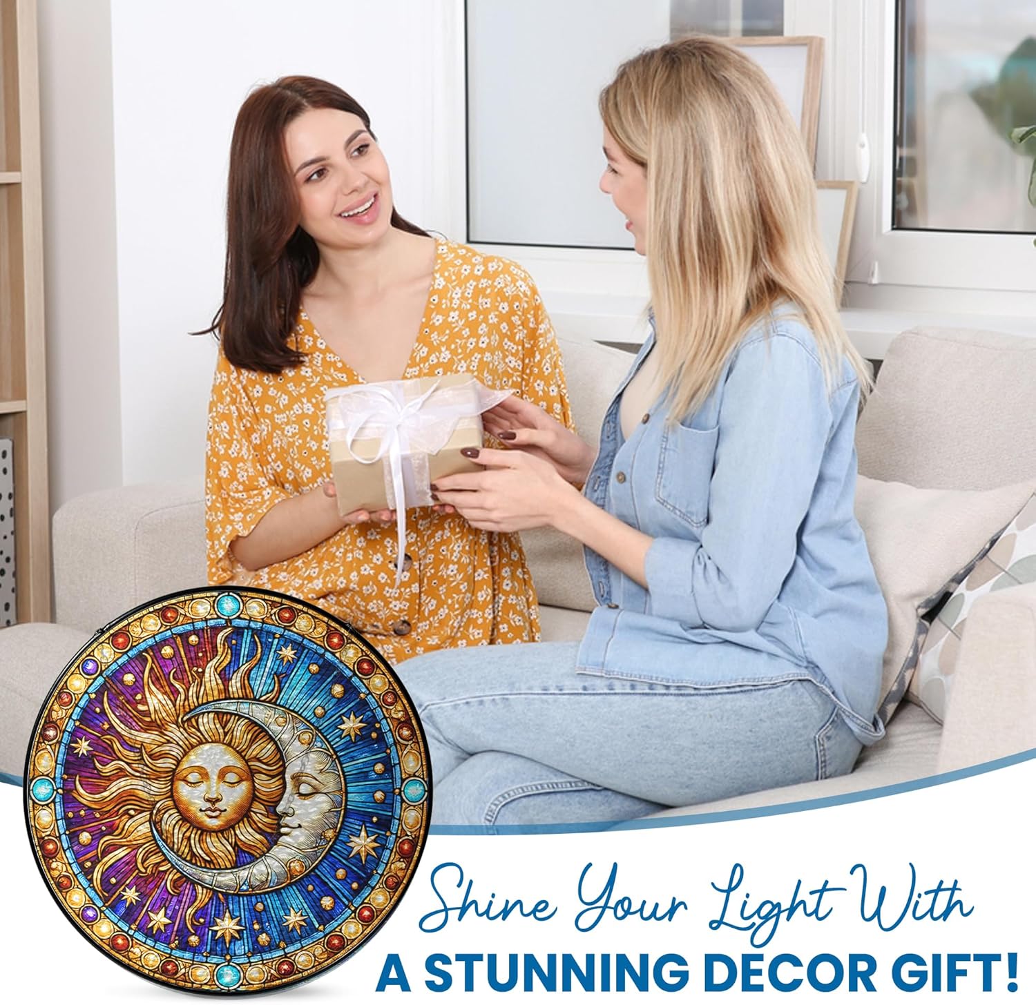 FLAGWIX Spiritual Gifts for Women Men - Stained Glass Window Hanging 8 in for Sun and Moon Decor - Sun Catchers Indoor Window, Boho Suncatchers for Celestial Decor - Image 2