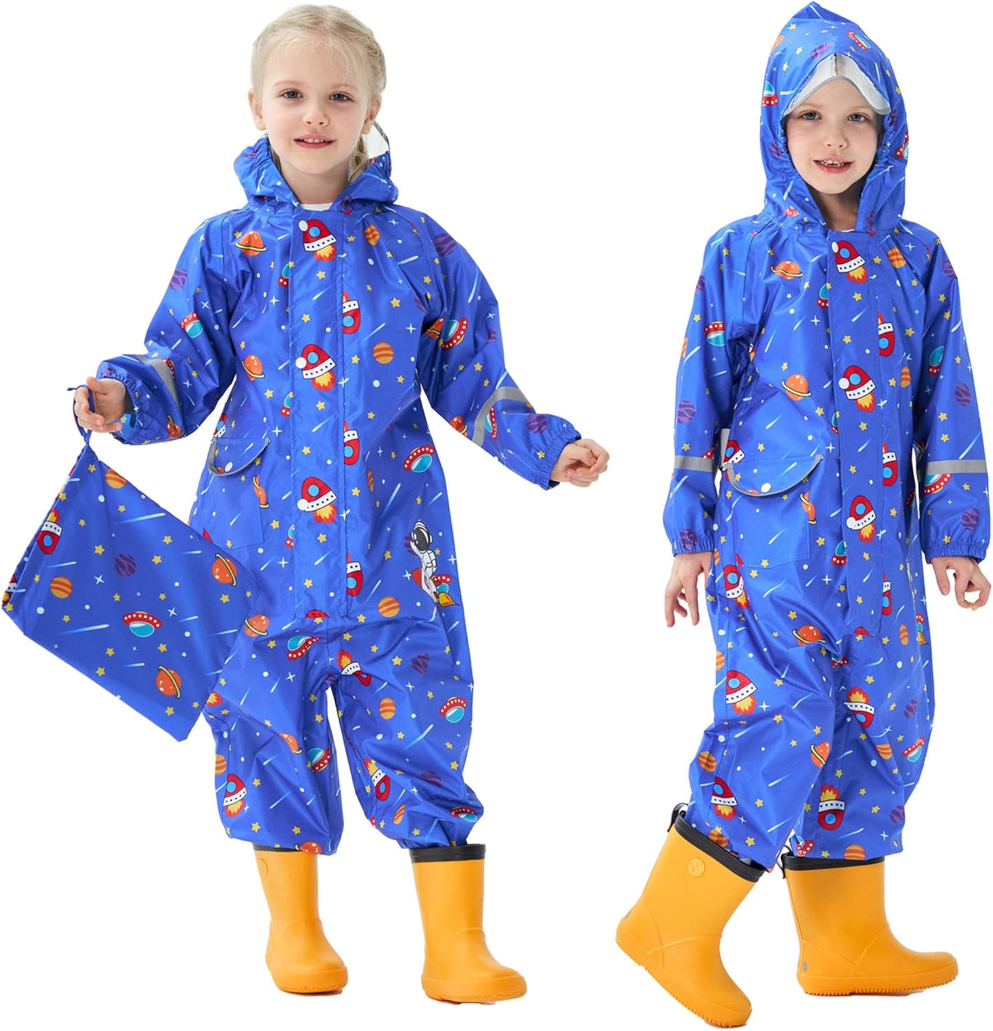 Kids Toddler Rain Suit for Boys Girls One Piece Hoodie Zipper Cartoon Waterproof Coverall Rain Jacket 1-10 Years