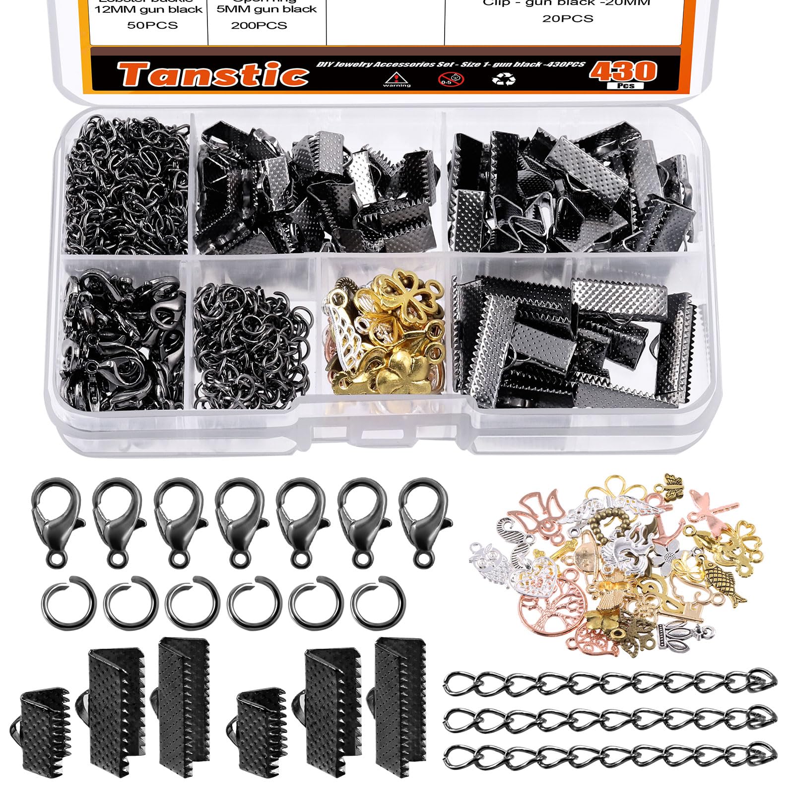 Tanstic 430Pcs Black Ribbon Ends Fastener Clasps Kit, Bookmark Pinch Crimp Ends with Open Jump Rings, Lobster Claw Clasps