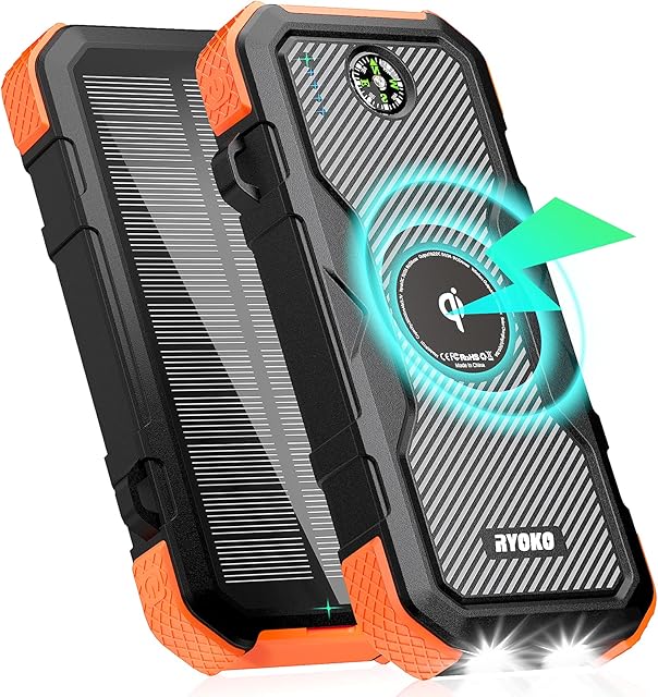 Solar Power Bank 26800mAh, 10W Qi Wireless Solar Charger with LED Flashlights, 18W Quick Charge Portable Charger USB C Input, Waterproof Backup Battery Pack for Smartphone Tablet Outdoor(Black)