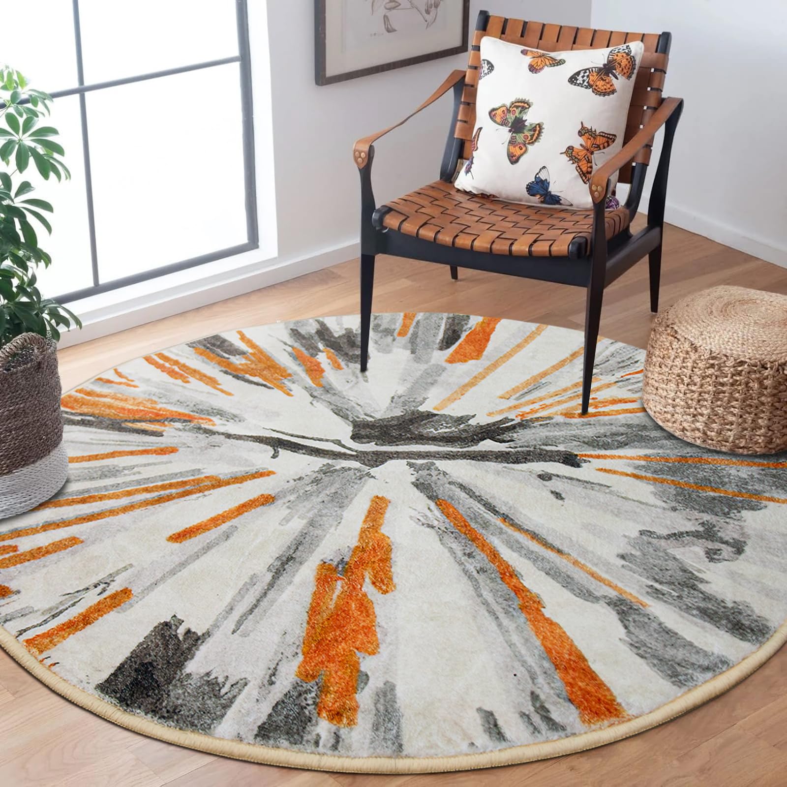 NYCCIA Alfombra redonda moderna y abstracta, lavable, antideslizante, diámetro de 80 cm, diseño de rayas, color gris y naranja, para sala de estar, dormitorio, pasillo, estudio, mesa de centro, mesita