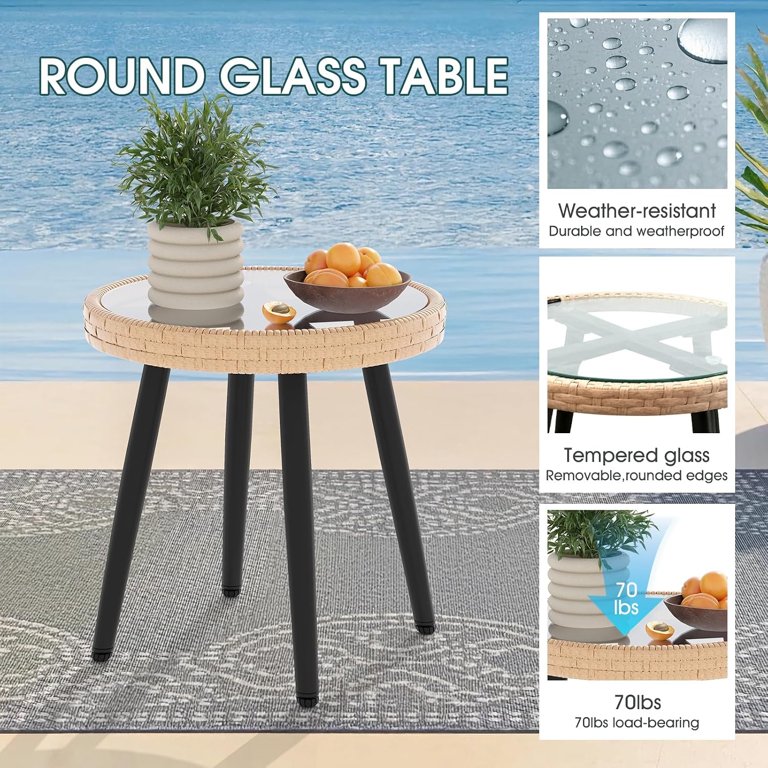 3 Piece Patio Bistro Set, Outdoor Wicker Furniture with Comfortable Cushions, Glass Top Table & 2 Rattan Chairs for Balcony,Lawn Pool Backyard, Yellow & Beige