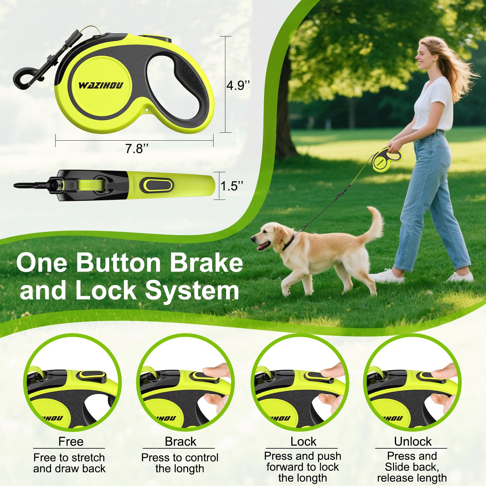 Correa retráctil para perro de 18 pies – Bolsa desmontable para excrementos y cable a prueba de masticación e incluye correa retráctil reflectante resistente para perros pequeños, medianos y grandes