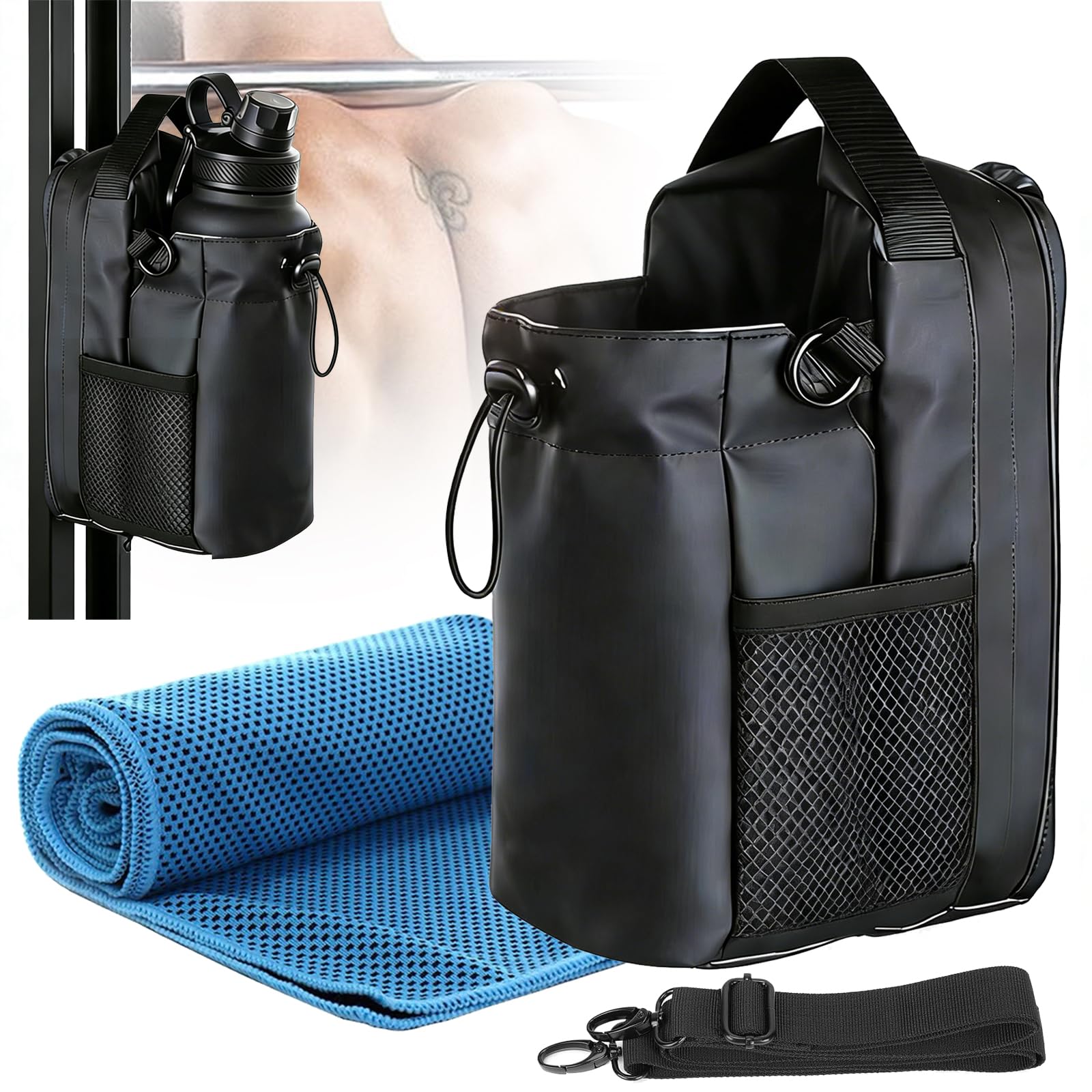 Sadodo Magnetyczna torba sportowa do studia fitness – mała torba gimnastyczna przylega do sprzętu treningowego – 25 x 15 x 11 cm torba dla mężczyzn i kobiet, w zestawie chłodzący ręcznik, kieszeń na
