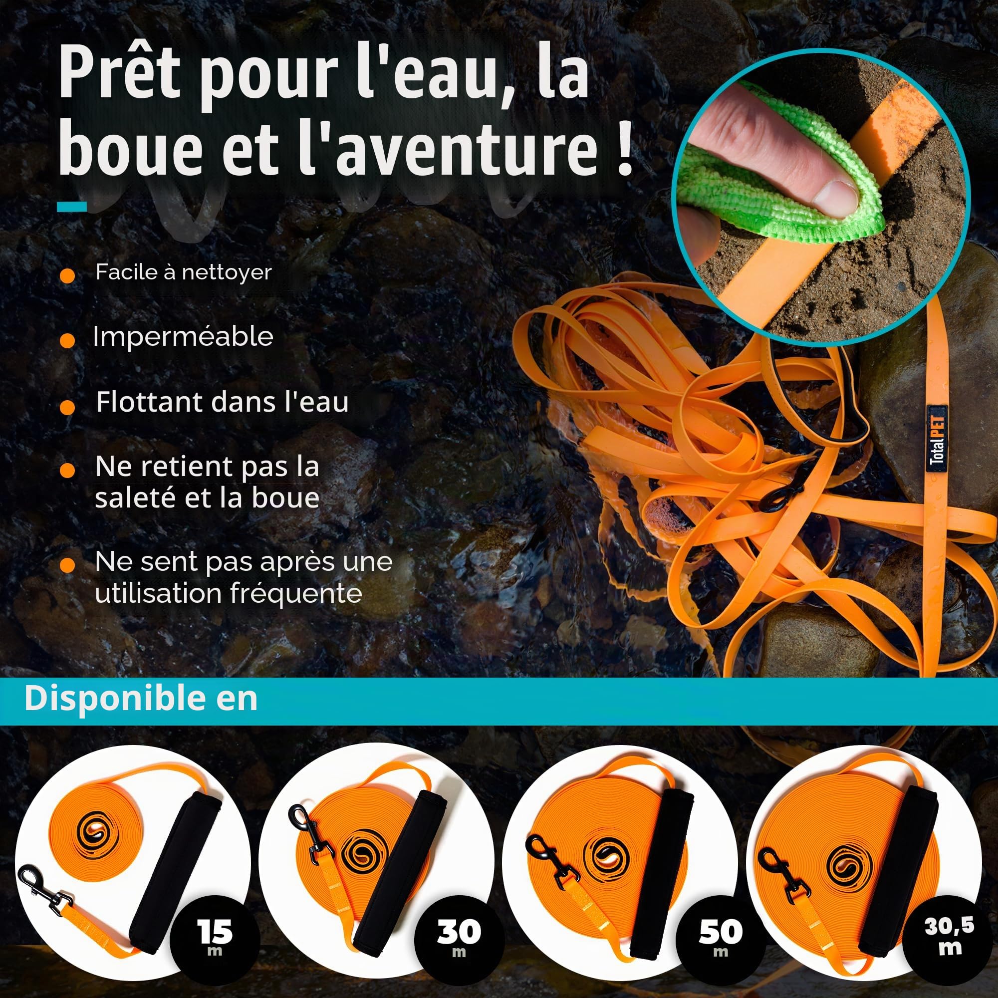 Total Pet Laisse de dressage pour chiens, longue ligne imperméable pour rappel et dressage d'obéissance – Laisse extra longue pour chien – Convient à toutes les tailles de chiens (10 m, clip standard)