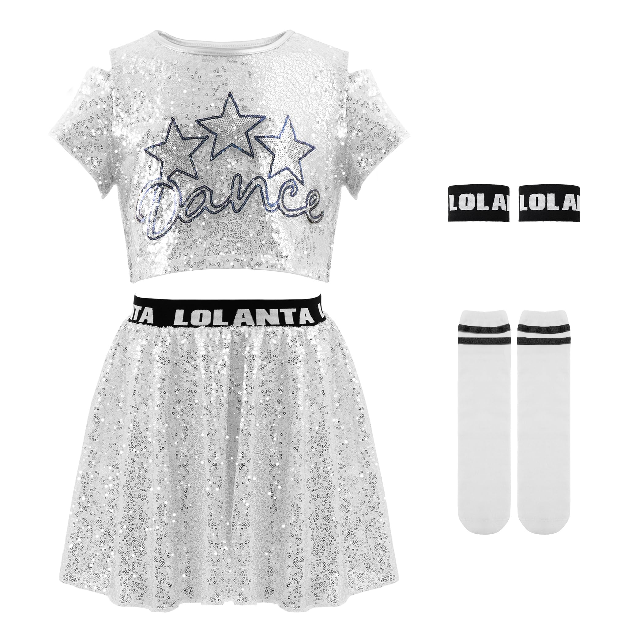 LOLANTA Tenues de Danse à Paillettes pour Filles, Vêtements de Danse Jazz Hip Hop Scintillants, Hauts Courts avec Jupe 5-12 Ans
