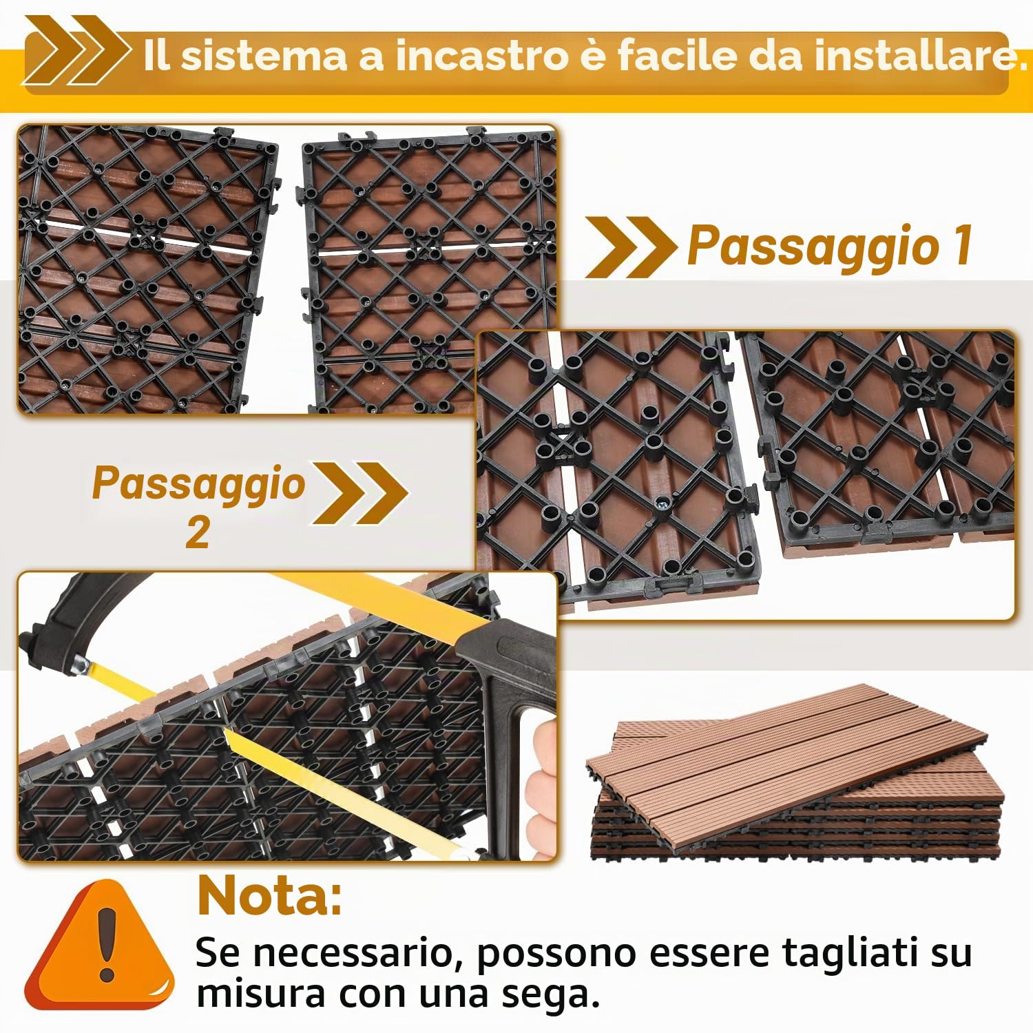 Ikodm Piastrelle in Plastica Composita WPC, 30x60cm60 Pezzi 10m² Pavimentazione in Plastica-legno all'aperto con Drenaggio e Sistema Plug-in, Antiscivolo, Marron