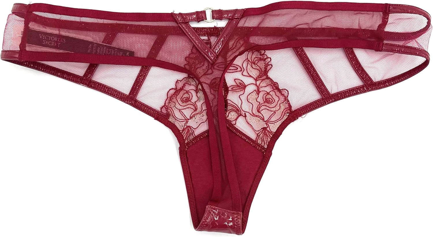 Victoria's Secret Very Sexy Low Rise Thong Panty Embroidered Lace, Faux Leather, Wine Red, Medium - Image 2