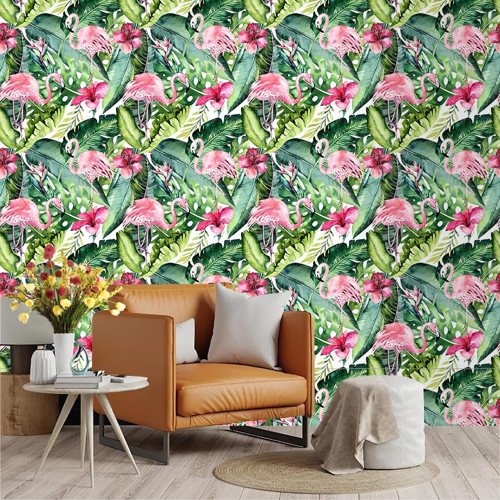 Watercolor Flamingo Tropical Peel and Stick Wallpaper Contact Paper Palm Leaves Removable Stick on Wallpaper Green/Pink Vinyl Self Adhesive Shelf Liner 17.7in x 19.6ft