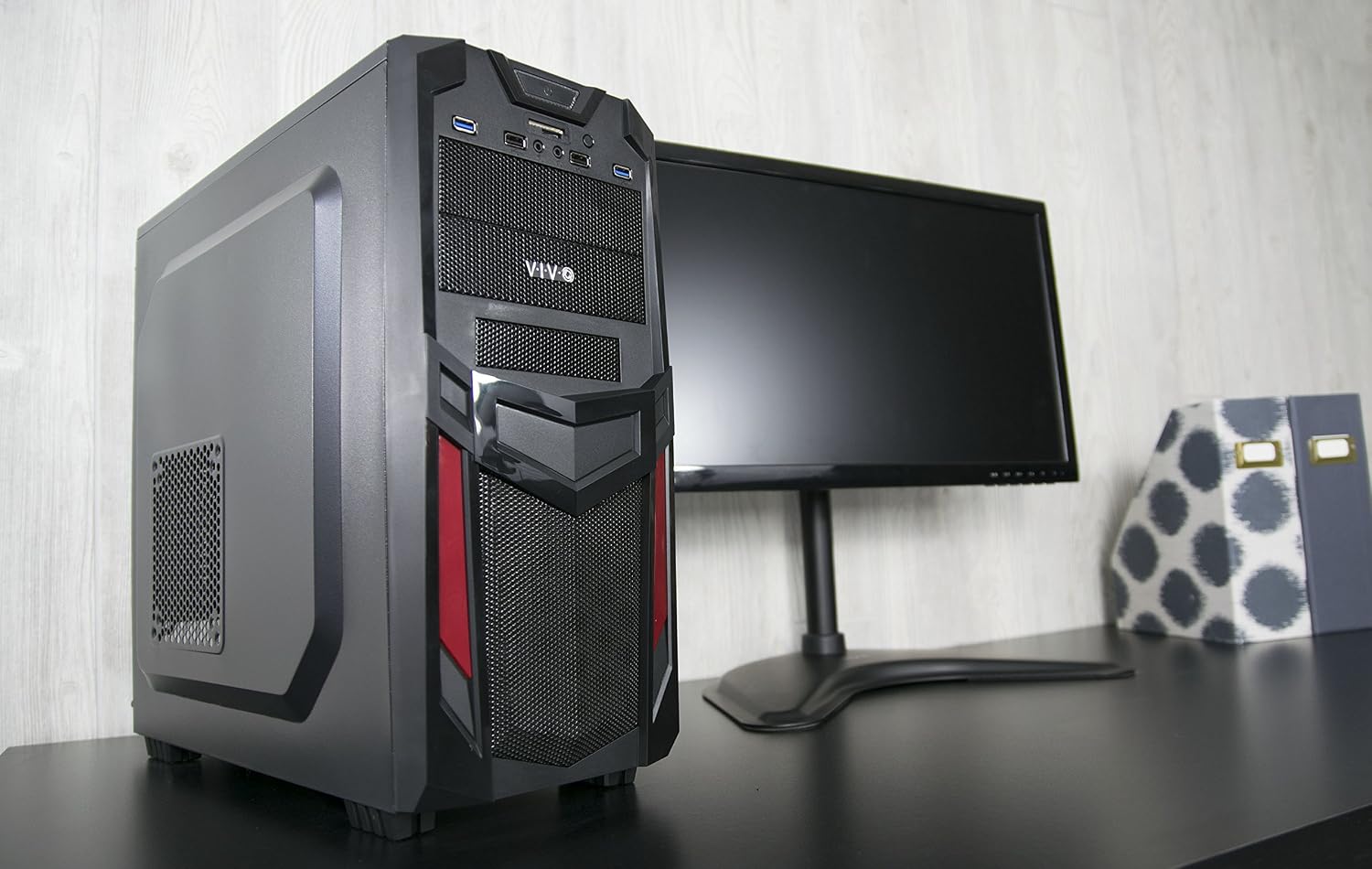 VIVO ATX Mid Tower Computer Gaming PC Case / Black Red Desktop Shell / 3 Fan Mount, Dual USB 3.0 (CASE-V03)