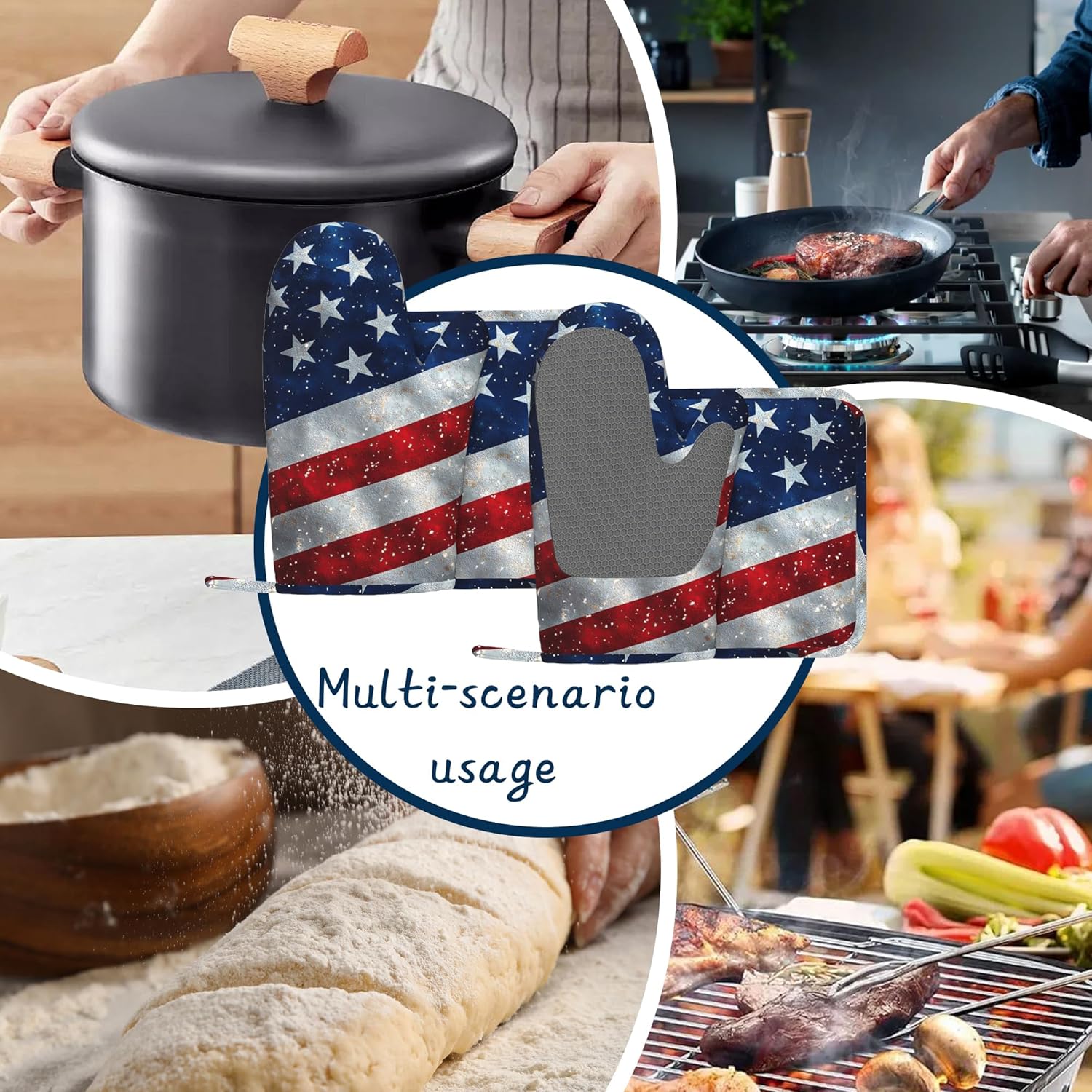 American Flag Oven Mitts and Pot Holders Sets,Extra Long 4th of July Kitchen Mittens for Cooking,Thick Cotton Heat Resistant Silicone Cooking Utensils Set for Baking Cooking Grilling