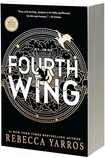 Fourth Wing by Rebecca Yarros book cover featuring bold white title text over a black background with intricate gold details and flying dragons.