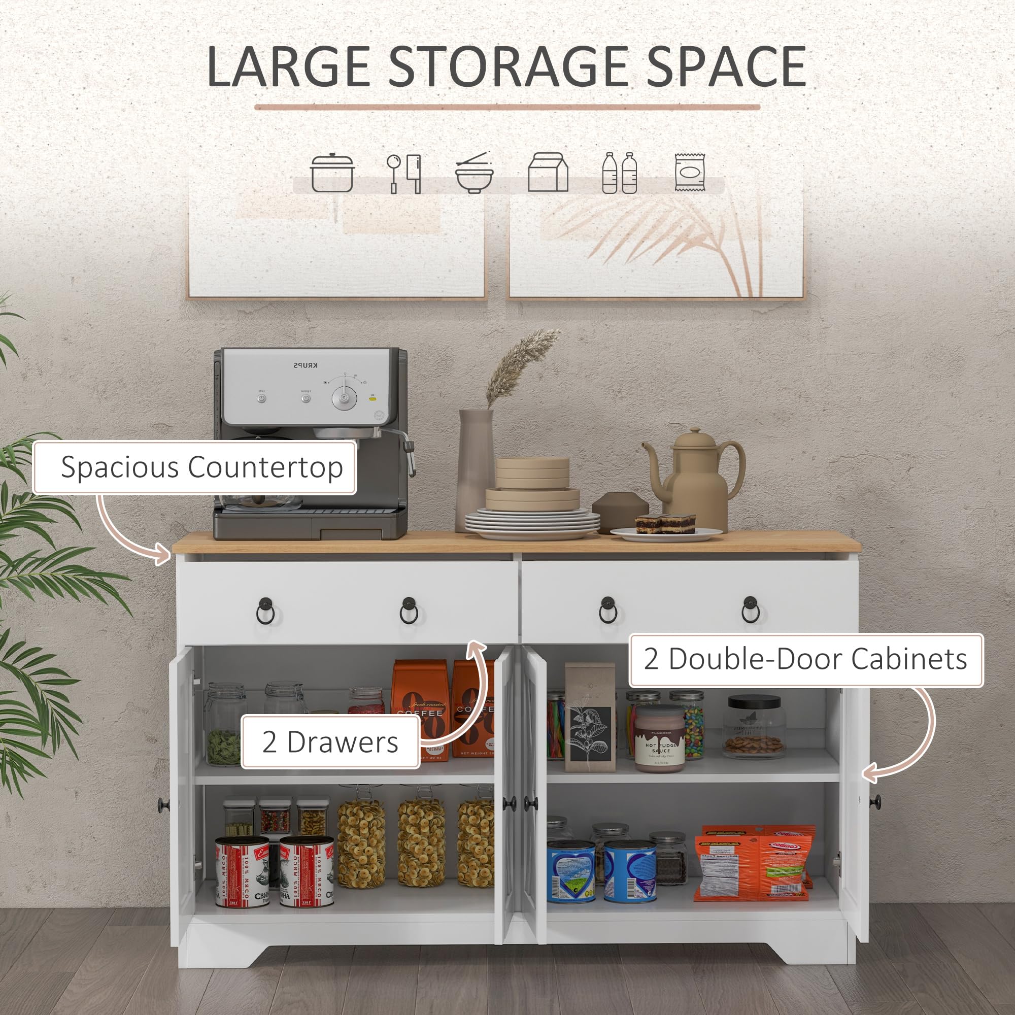 HOMCOM Mobiletto buffet 2 ante 121L x 37W x 75H cm Bianco