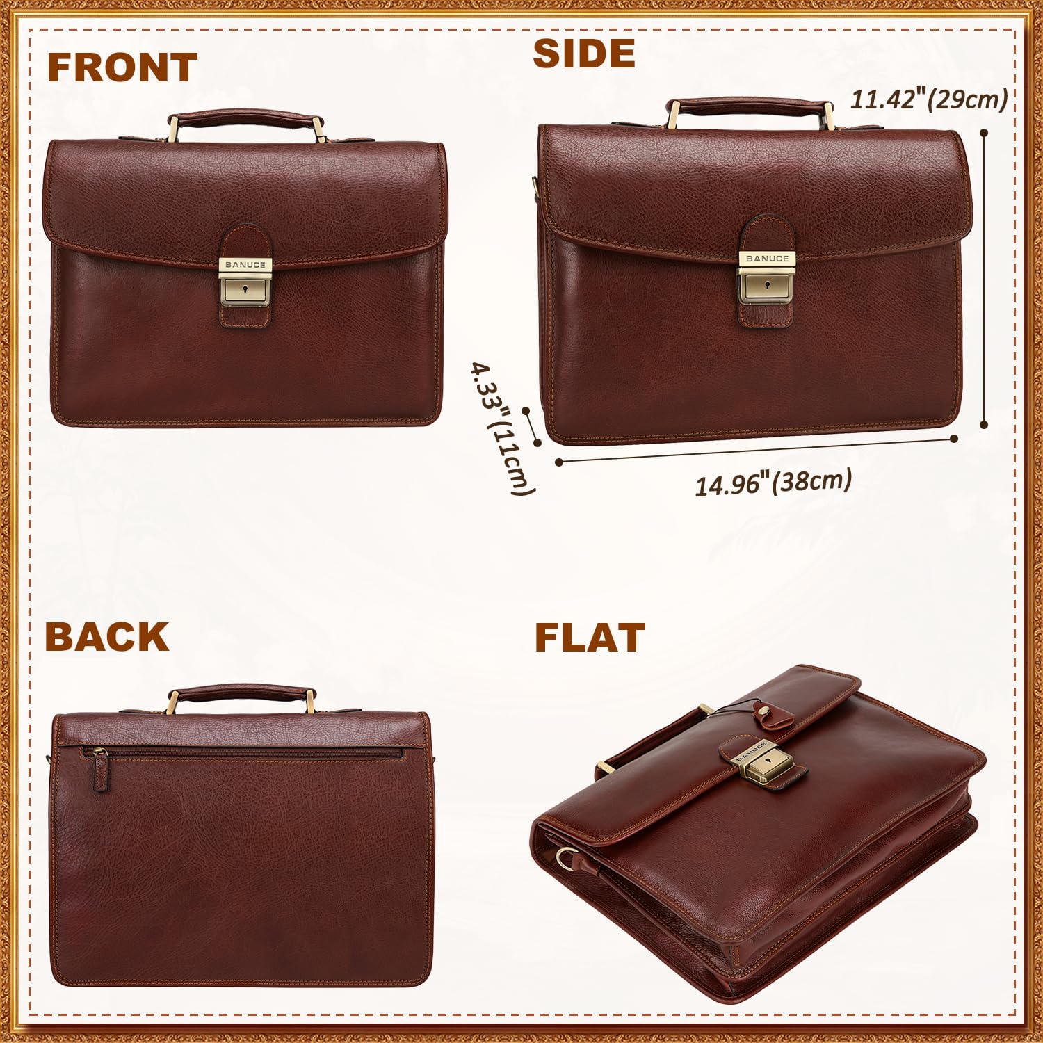 Banuce Vintage Genuine Full Grain Italian Leather Briefcase for Men with Lock 14 Inch Laptop Bag Business Travel Office Work Bags Brown | Italian Leather, Full Grain Leather, Adjustable Strap, Removable Strap