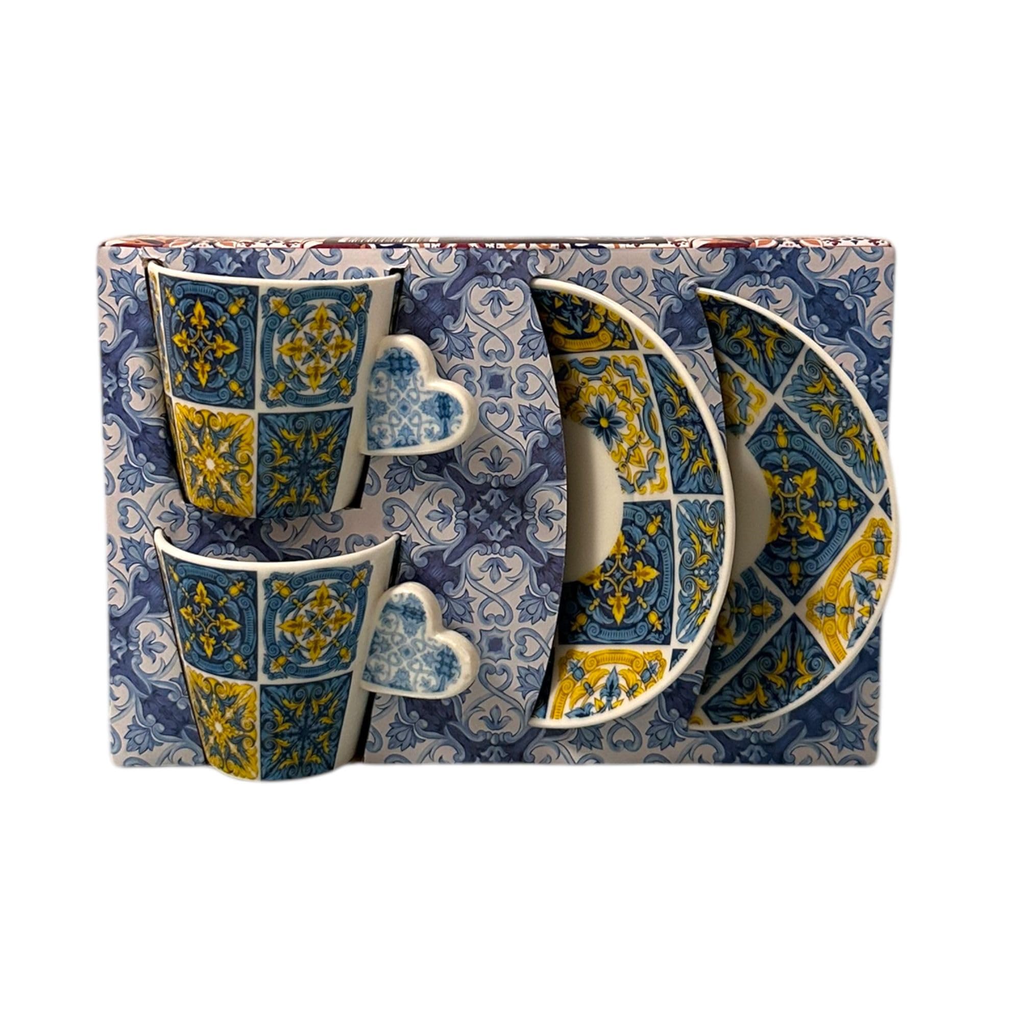 Portugal Azulejos handbemaltes Espresso-Set mit 2 Tassen, Keramik, Tee, Kaffee, Espressotassen, inklusive Geschenkbox, portugiesische Keramik, schönes Geschenk aus Portugal (gelbes & blaues Herz)