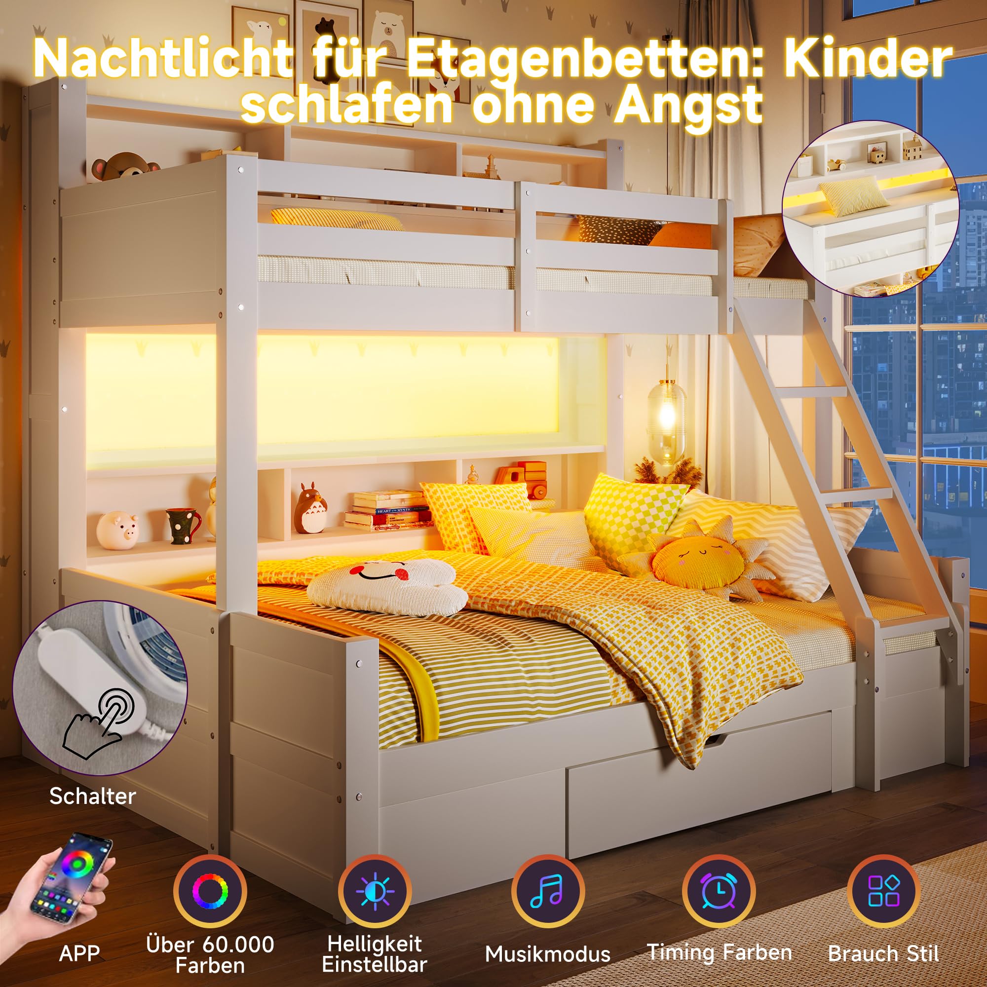 Litera de 90(140) x200 cm con Luz LED y Compartimentos Abiertos, Cama Litera Matrimonio con Cajón y Escalera, Cama Infantil Literas Infantiles con Barandilla Anticaída, Sin Colchón, Blanco
