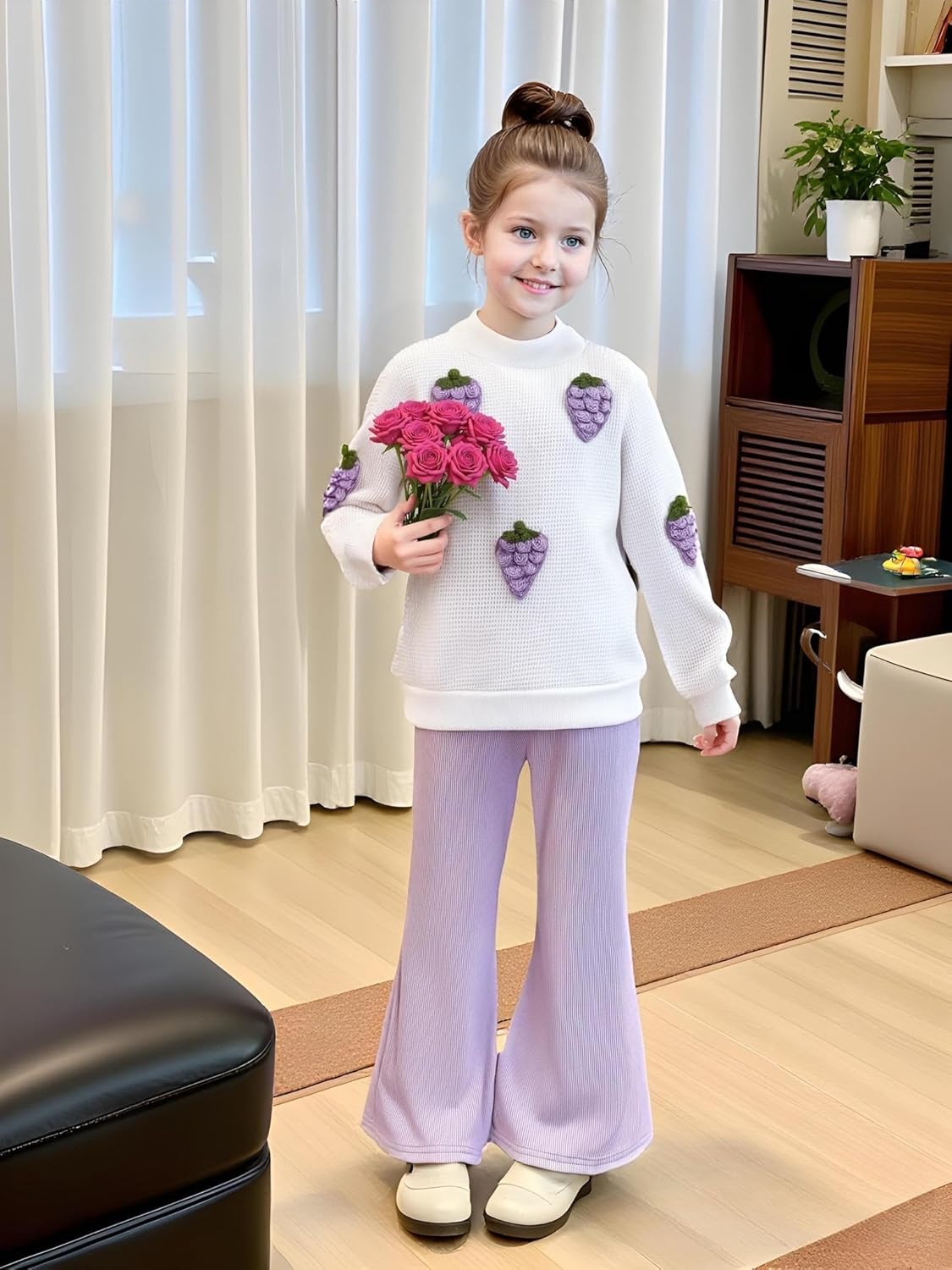 Girls 2 Piece Outfits 3D Strawberry Round Neck Long Sleeve Top+Solid Color Flared Pants Outfits Set Size 4-8 Years - Image 4