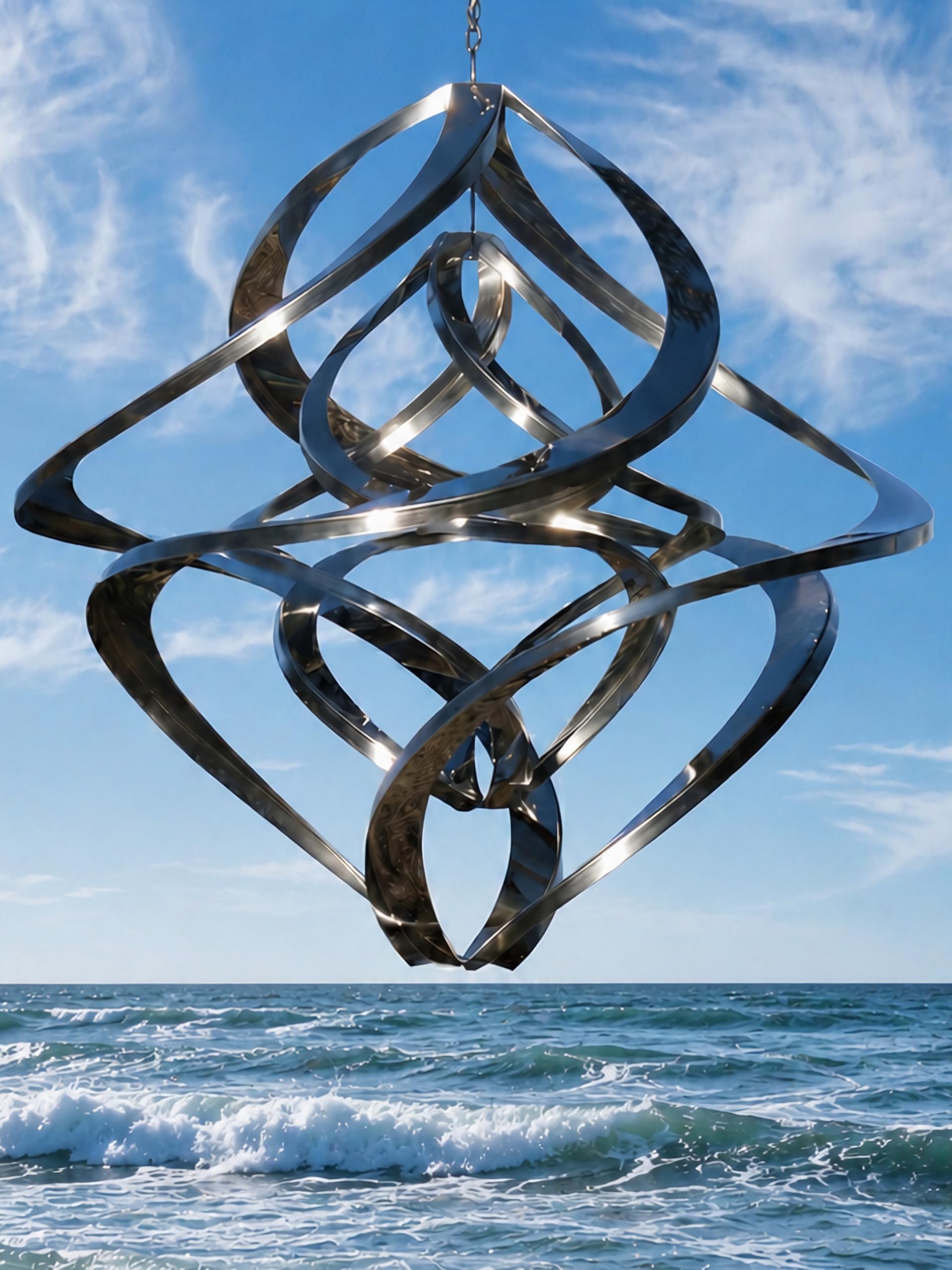 Pommerntraum ®| Windspiel Edelstahl Double-Twister Twister Rostfrei Spinner | Edelstahlwindspiel Winddancer Gartenkunst Gartendekoration Unruhe Gegenläufig Kinetik Gartenspinner (40 cm ohne Kristall XXL)