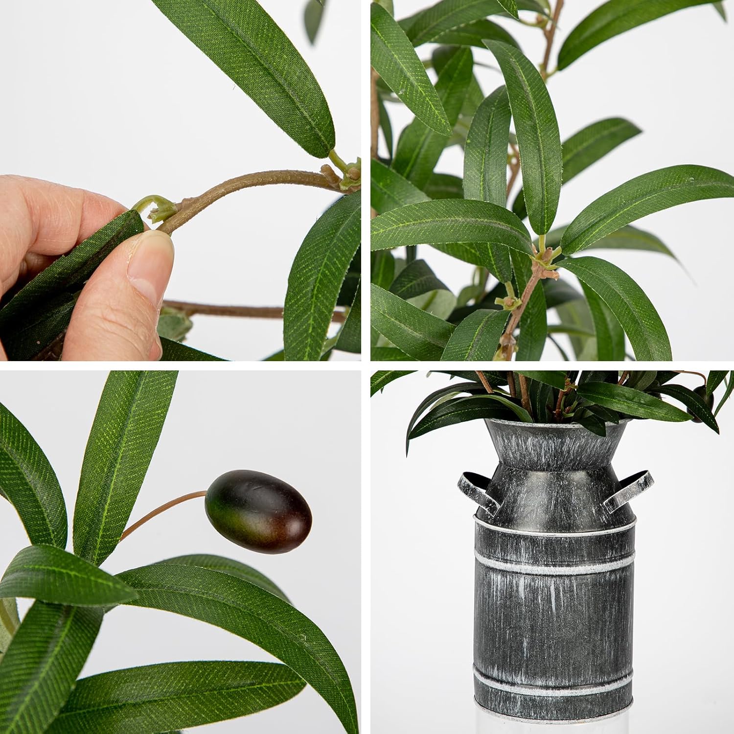 Briful Artificial Olive Branches with Rustic Metal Vase 19in Realistic Faux Olive Greenery Stems Faux Potted Plant for Home Office Room Kitchen Wedding Centerpiece Farmhouse Decor - Image 3