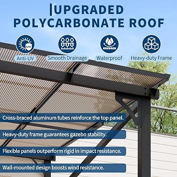 10 ft x 10 ft Lean to Gazebo, Hardtop Wall Pergola with Polycarbonate Roof, Aluminum Frame Mounted Gazebo for Lawn Patio Deck Yard and Party