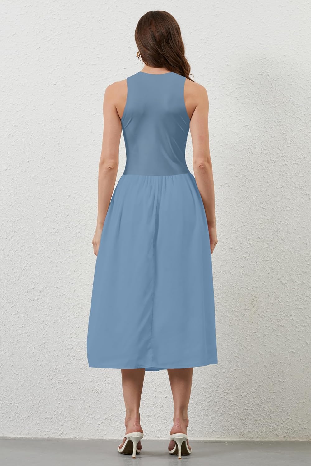 Women Summer Sleeveless Midi Dress Casual High Neck Patchwork Tank Sundress Flowy Boho A Line Dress with Pockets - Image 7