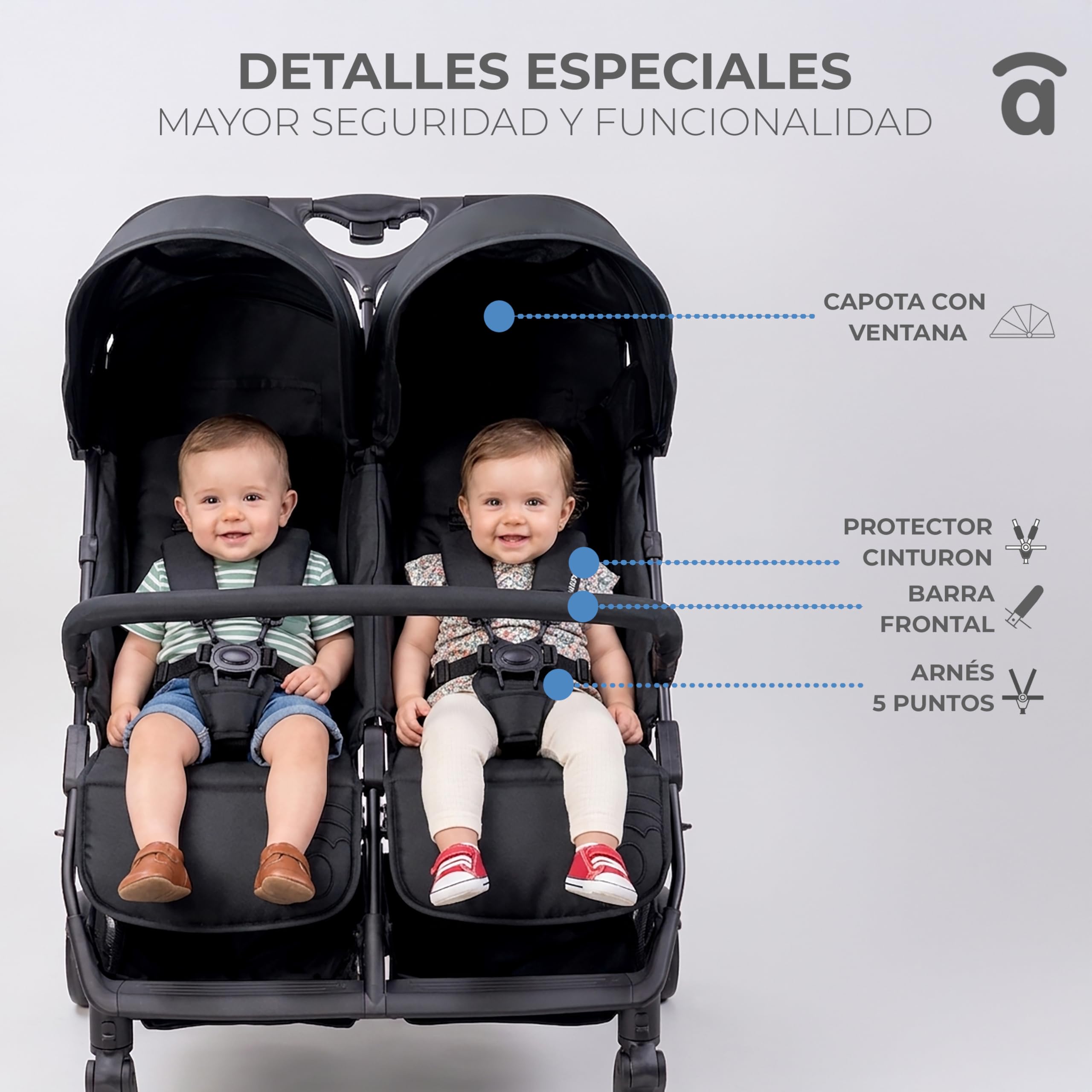 Silla de Paseo Doble para Gemelos o Hermanos, Ligera, Reclinable y Plegable con Capotas y Freno Trasero – Asalvo DOUBLE HENRY Gris