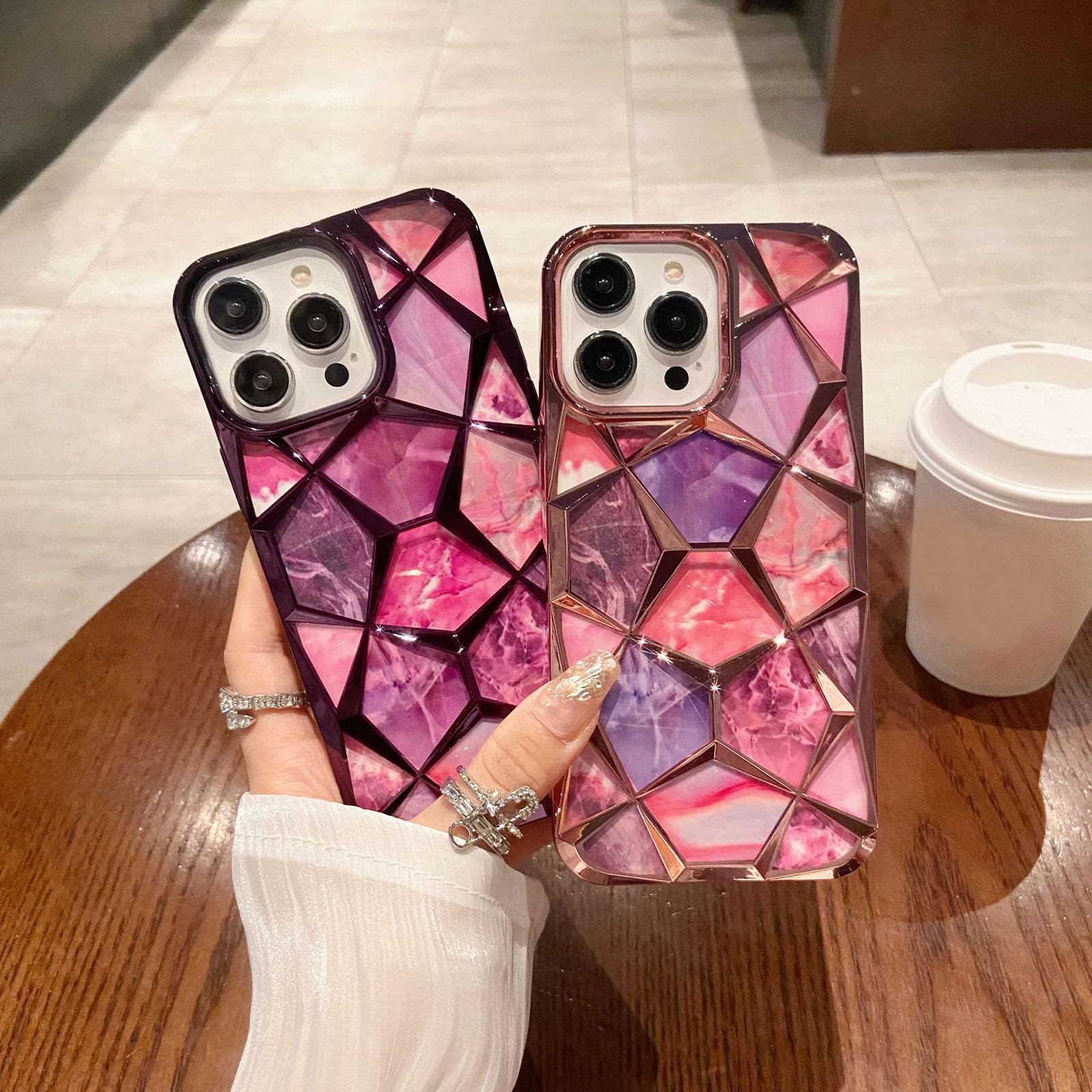 JAHOLAN Custodia Per IPhone 15 Pro (6,1'') – Effetto Marmo Rosa Con Glitter – Cover Sottile Antiurto Con Protezione Fotocamera - 3