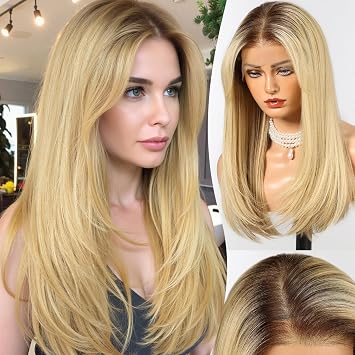 13x6 HD Lace Front Wig for Women, 20 Inch Ombre Blonde Long Straight Synthetic Wig, Glueless with Natural Density Hairline & Adjustable Cap#OM6/FS1212