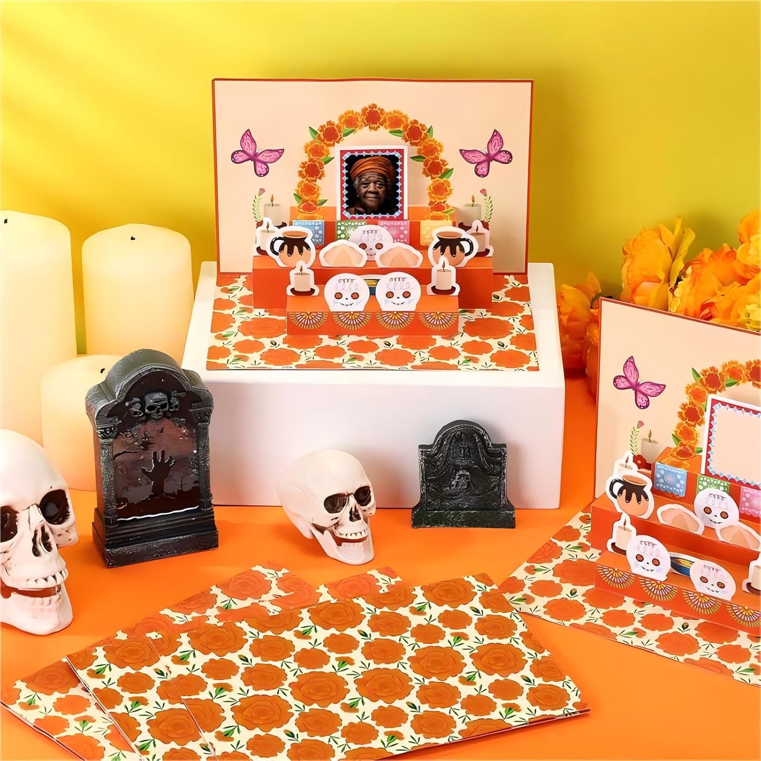 Motipuns 24 Set Day of The Dead Altar DIY Crafts Kit Día De Los Muertos Ofrenda Decoration Card with Marigold Photo Frame Skull Candle for Mexican Halloween Party Supplies