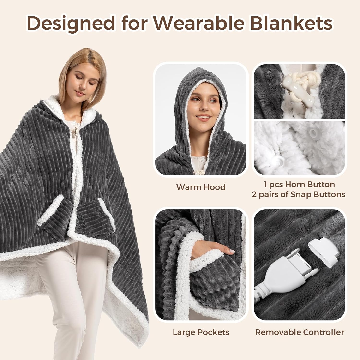 Electric Blanket Heated Throw, Soft Flannel & Sherpa Wearable Heated Blanket Hoodie, Heated Shawl Wraps for Gift with 6 Heating Levels & 12H Auto Off, ETL Certified, Home Office, 40x70 Inch, Dark Grey - Image 4