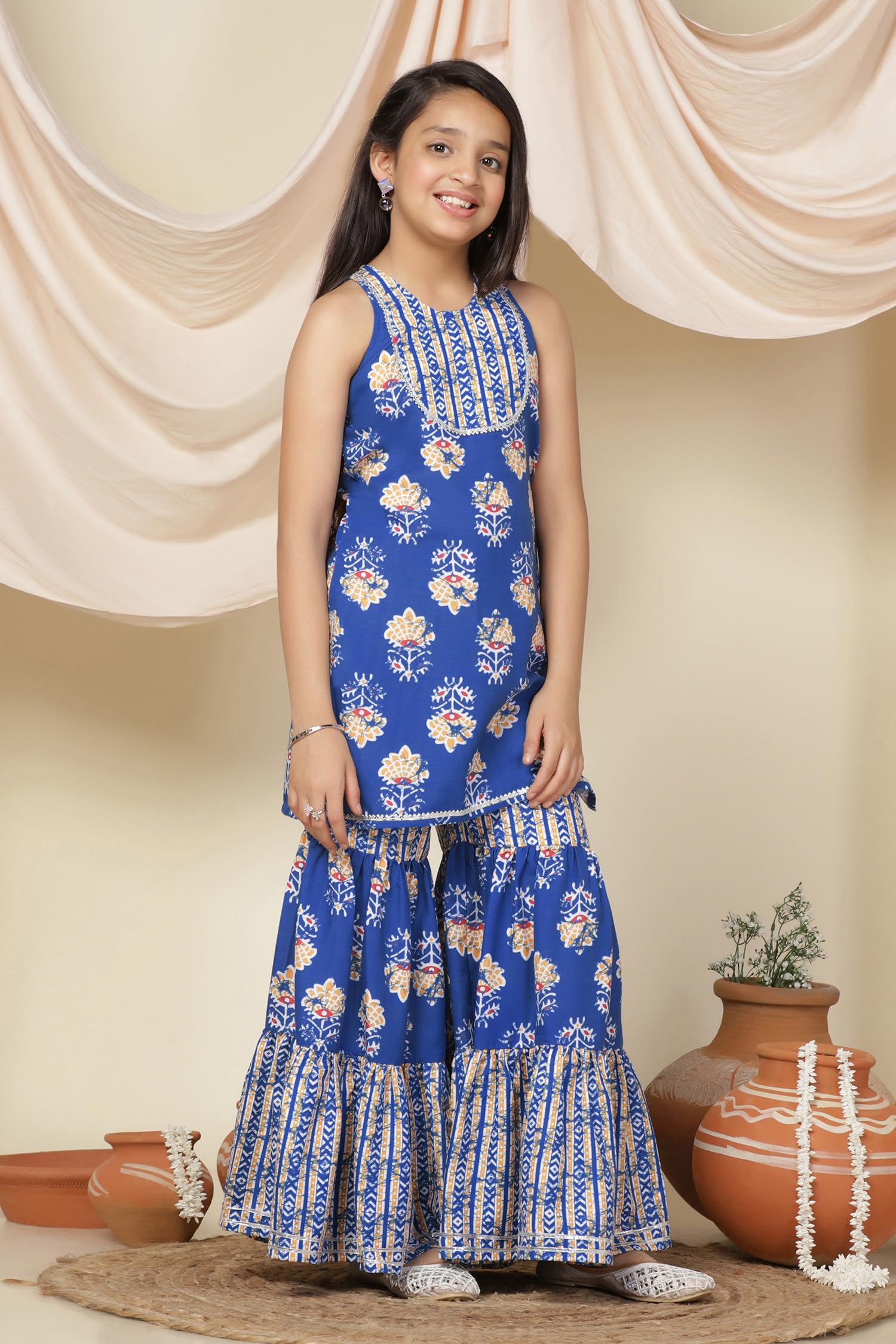 Fashion Dream Girls Cotton Blend Printed Salwar Suit |Suit Set|Girl Outfit|Sharara Set(FDGSET00113 BLU 28_Blue_7-8Yrs) - Image 3 thumbnail
