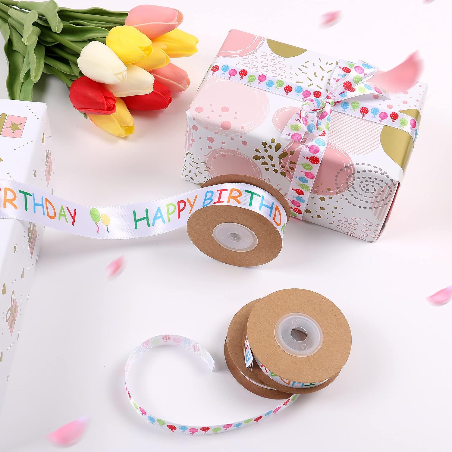 MAMUNU 3 Rolls Happy Birthday Ribbon, 3/5" and 1" Wide Birthday Cake Ribbons, White Satin Polyester Ribbon for Gift Wrapping, Flower Bouquet, Party Decoration, Bow Making, 30 Yards
