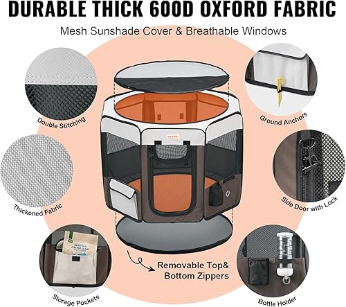 Miniatura 3 de VEVOR Corralito plegable portátil para mascotas, 36 x 36 x 23 pulgadas + funda de transporte gratis + cuenco, jaula para perros para interiores y